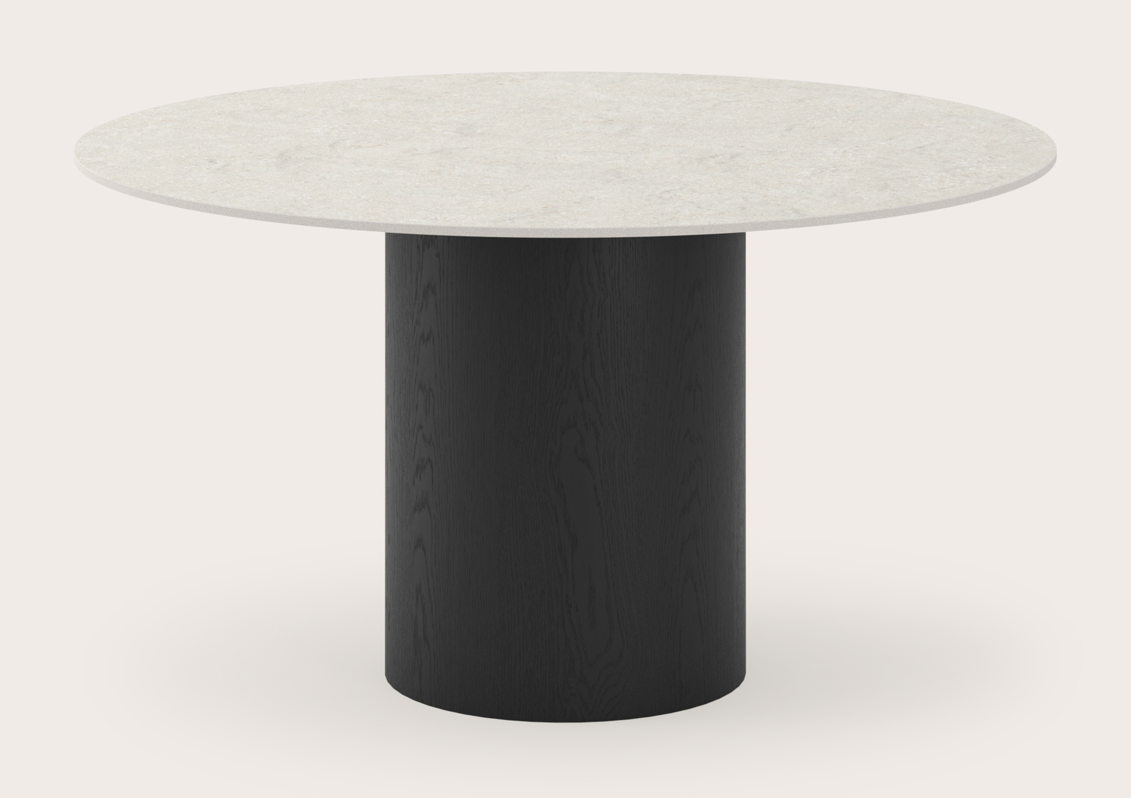 Eettafel low dining Amato Rondo onderstel in zwarte eik met rond volkeramisch Ceramo Lux blad in kleur Shilin Ø130 x 69 cm
