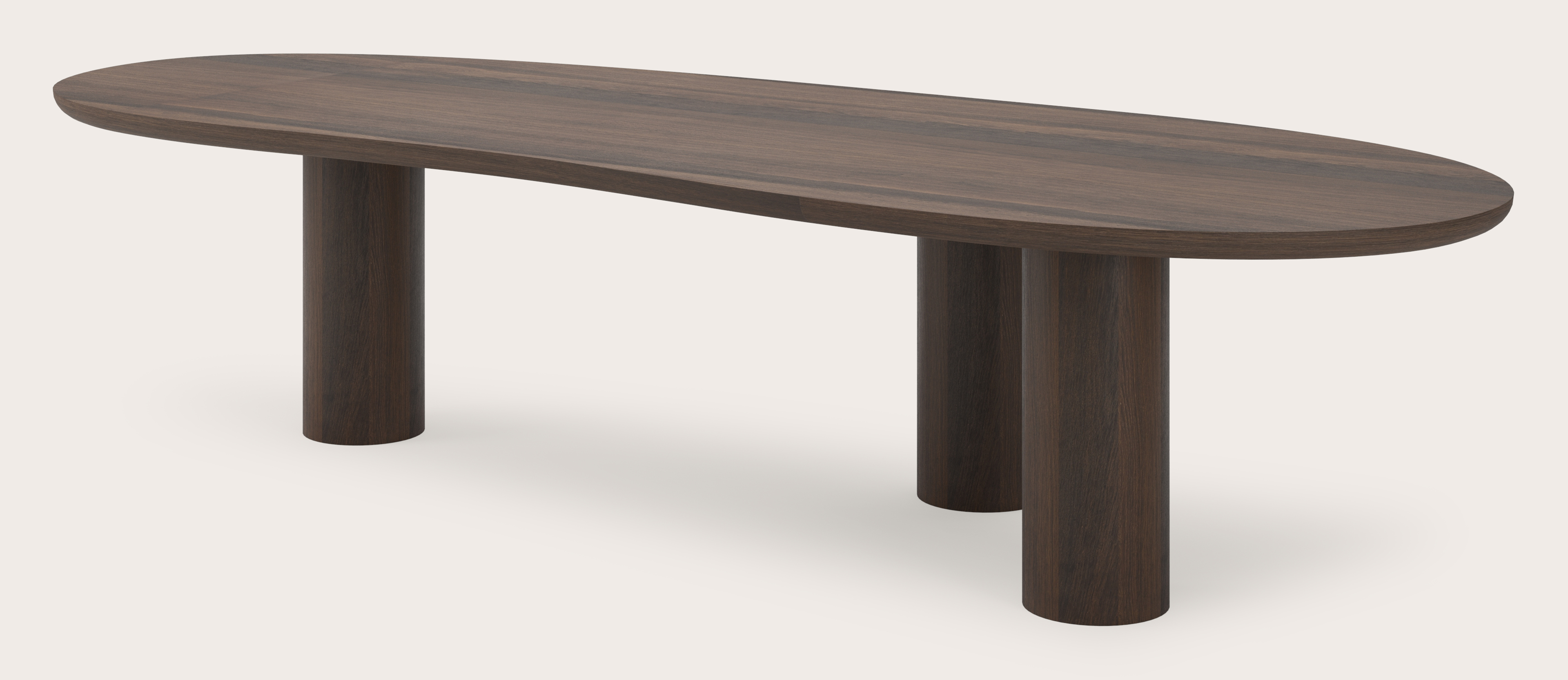 Eettafel Amato Rondo onderstel met blobvormig Amato blad in gerookte eik  340 x 127 x 76 cm