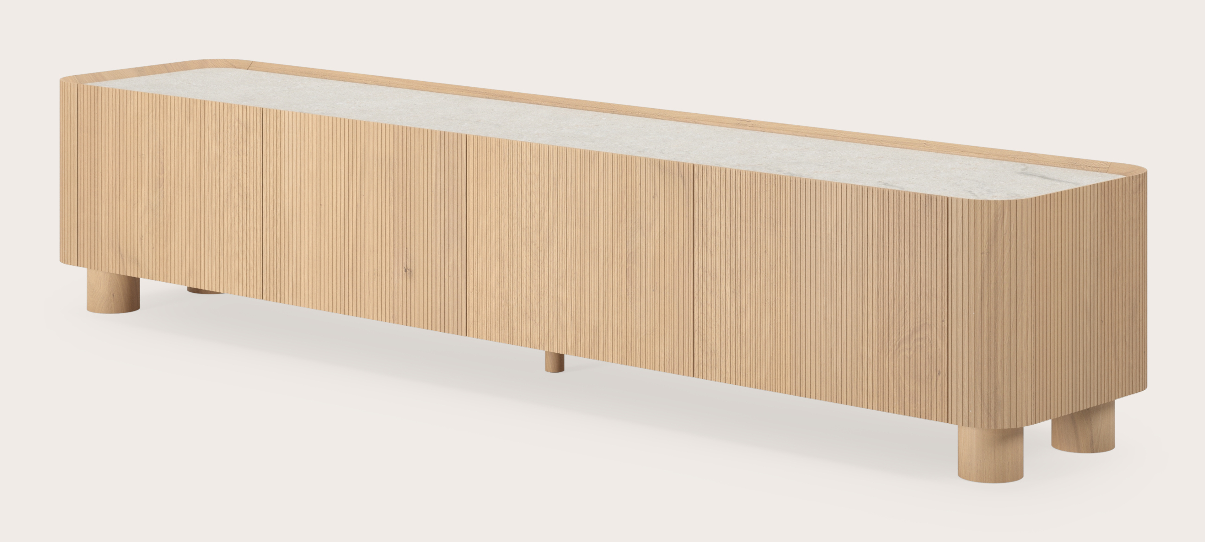 Grivato tv-meubel in natuurkleurige eik met ronde houten poten met volkeramisch Ceramo blad in kleur Shilin 219 x 45 x 44 cm
