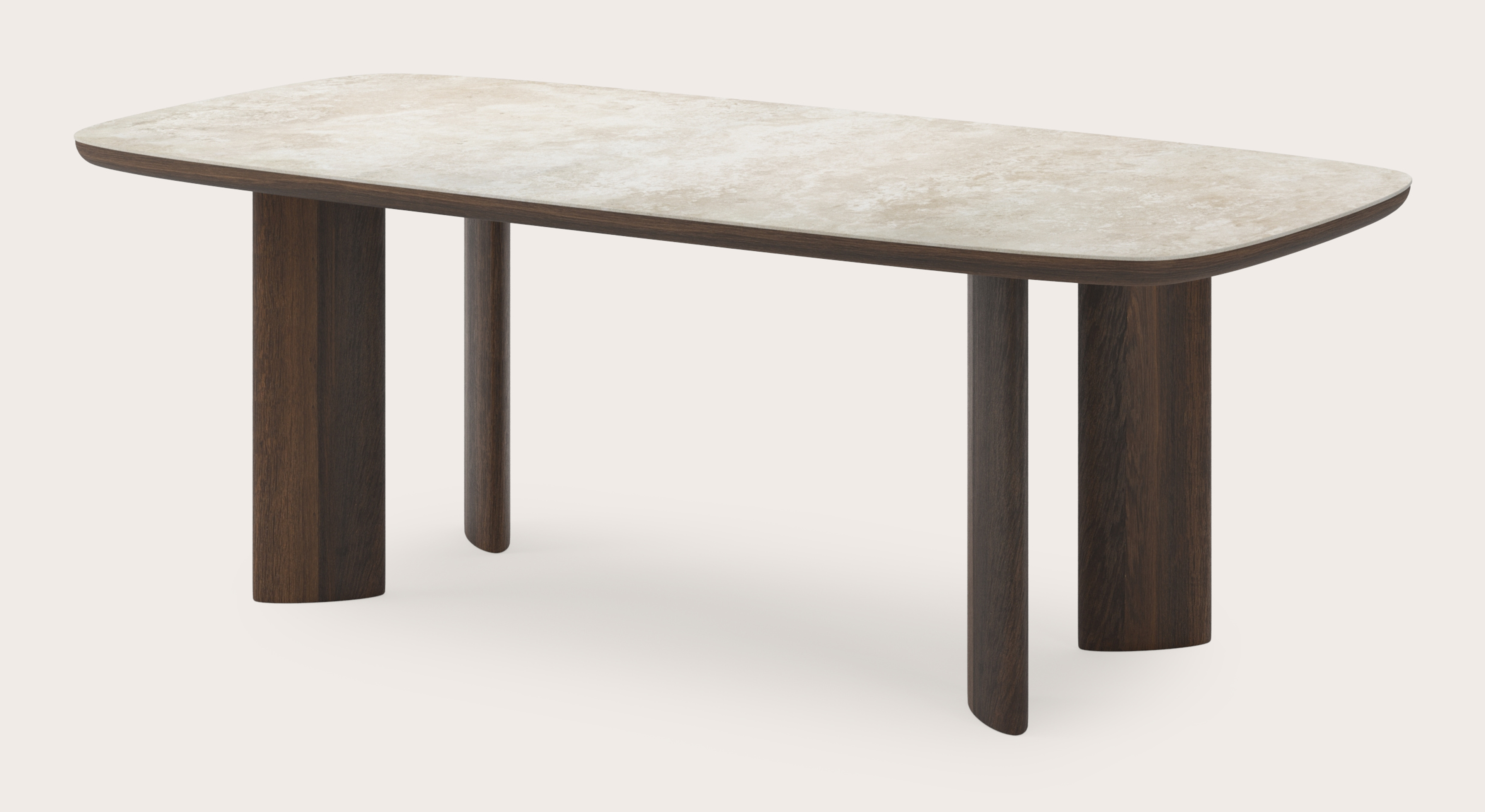 Eettafel Amato Ellipso onderstel in gerookte eik met bootvormig volkeramisch Ceramo blad in kleur Rapolano 220 x 105 x 76 cm
