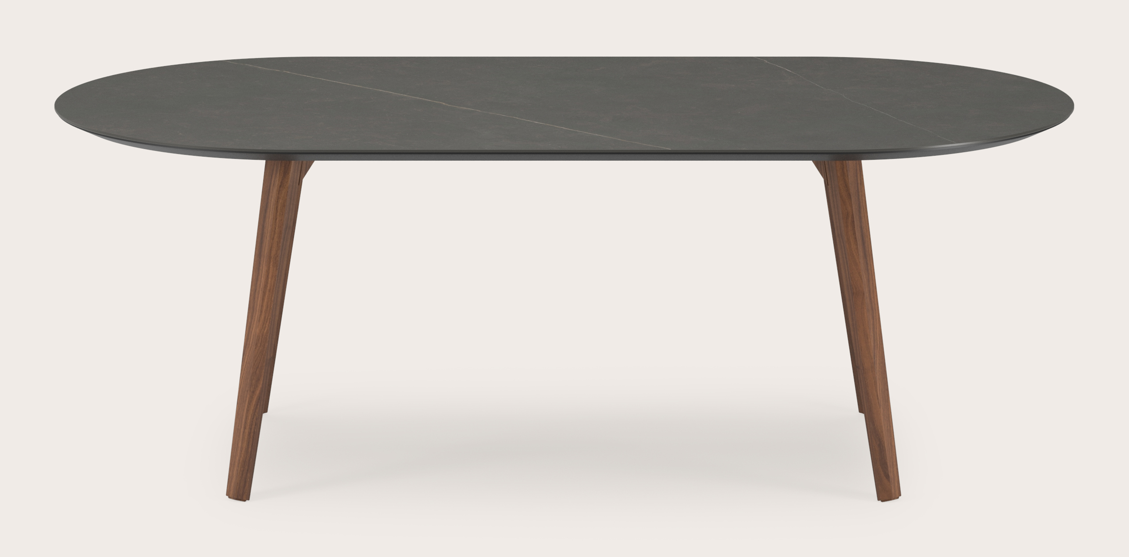 Eettafel Clino onderstel in walnoot met plat ovaal volkeramisch Ceramo blad in kleur Calatorao 220 x 110 x 77 cm
