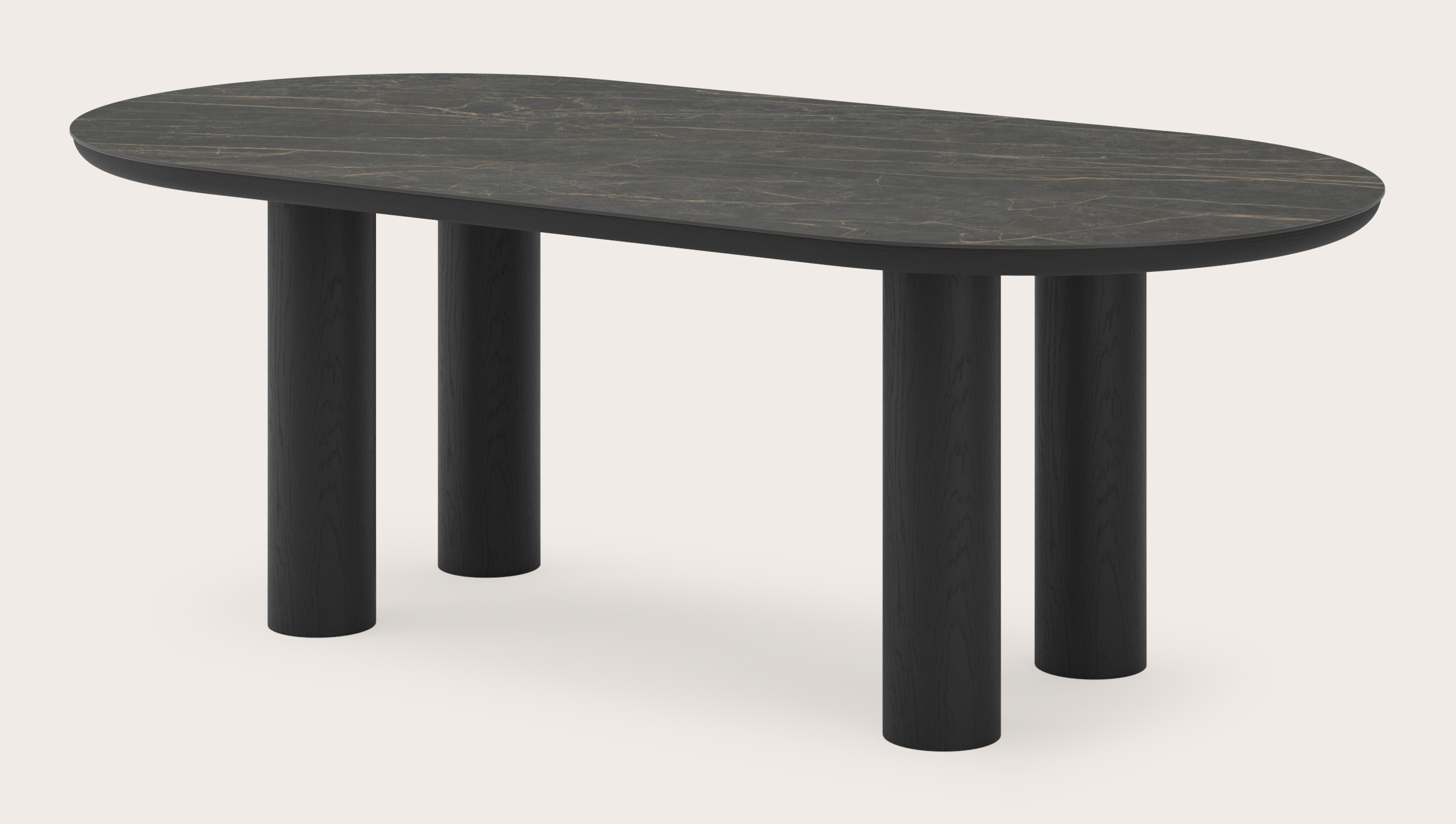 Table de salle à manger Amato Rondo armature en chêne noir avec plateau Ceramo ovale plat en céramique en couleur Black Obsession 220 x 110 x 76 cm