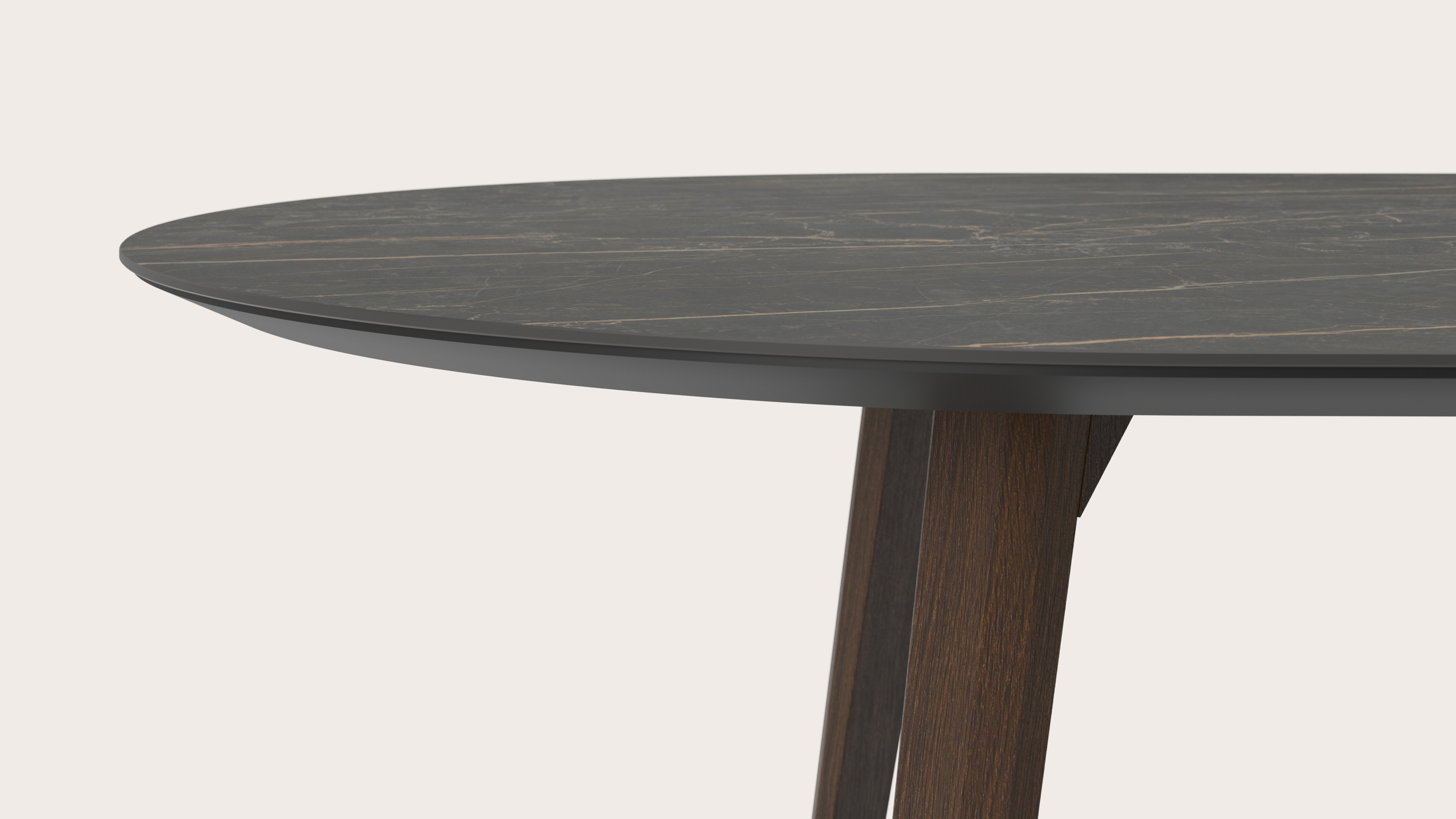Eettafel Clino onderstel in gerookte eik met plat ovaal volkeramisch Ceramo blad in kleur Black Obsession 260 x 115 x 77 cm