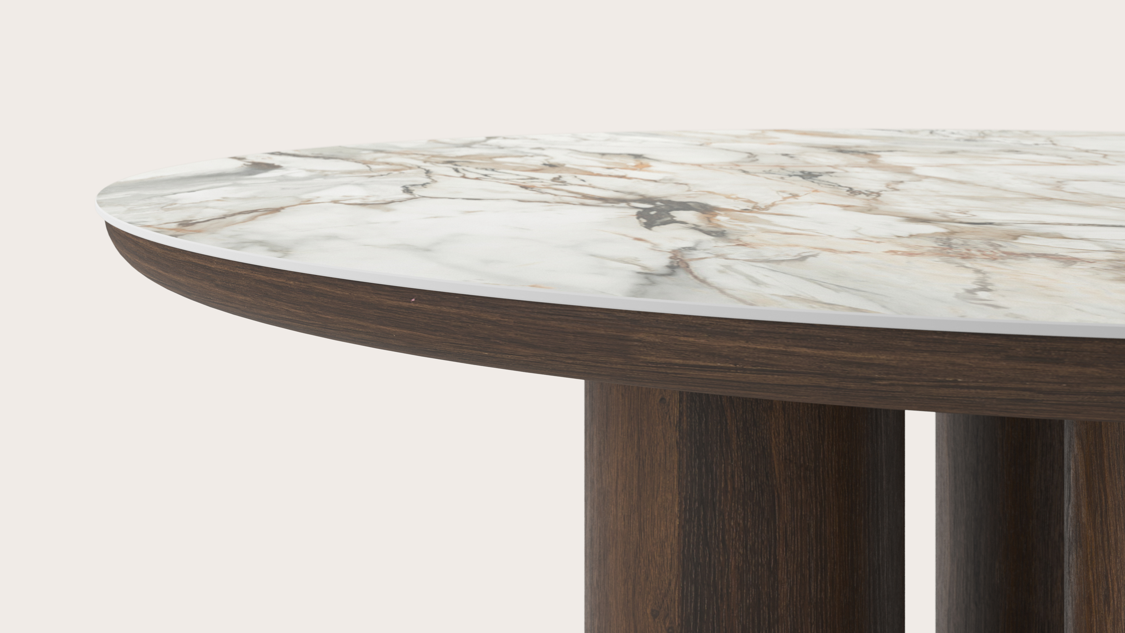 Eettafel Amato Rondo onderstel in gerookte eik met rond volkeramisch Ceramo blad in kleur Calacatta Luxe Ø150 x 76 cm