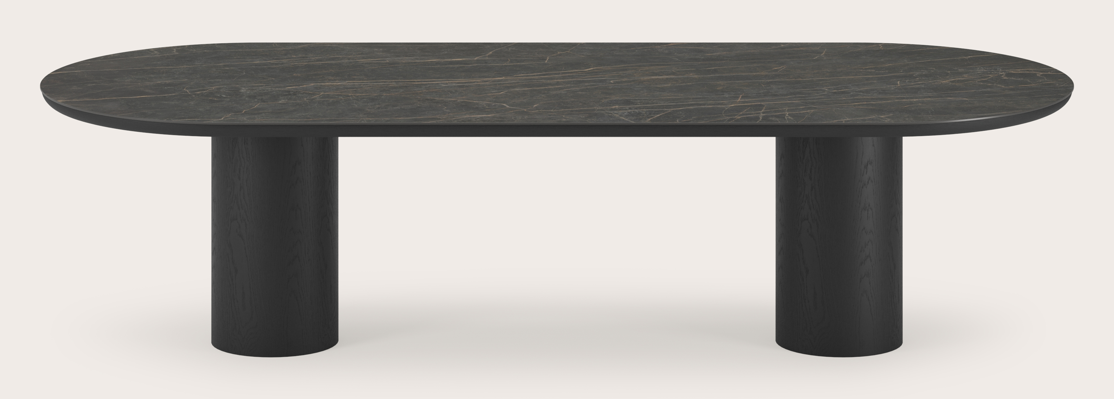 Table de salle à manger Amato Rondo armature en chêne noir avec plateau Ceramo ovale plat en céramique en couleur Black Obsession 300 x 120 x 76 cm