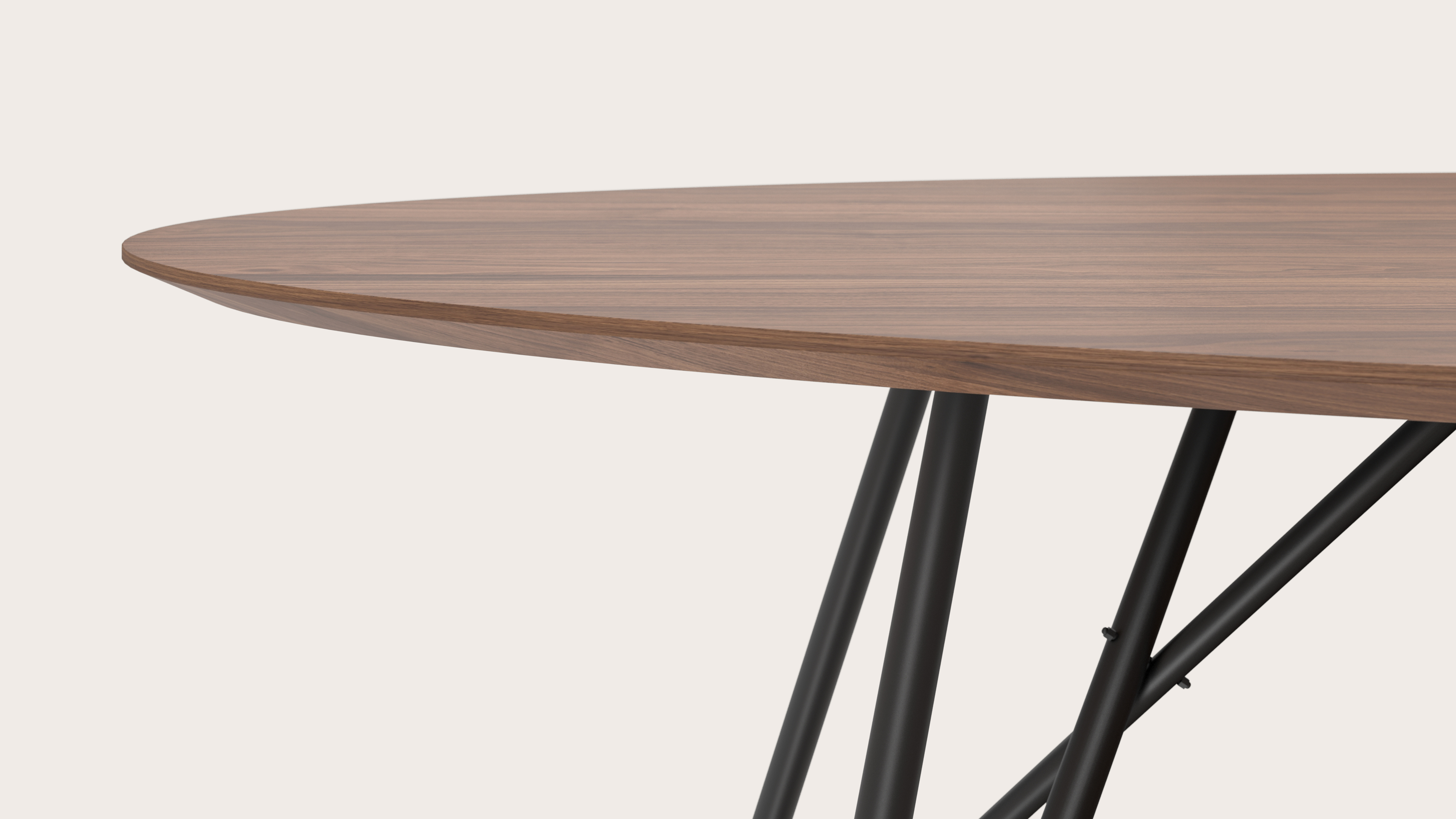 Table de salle à manger Ragno armature en métal noir avec plateau Finesso en forme ovale en noyer 300 x 140 x 77 cm