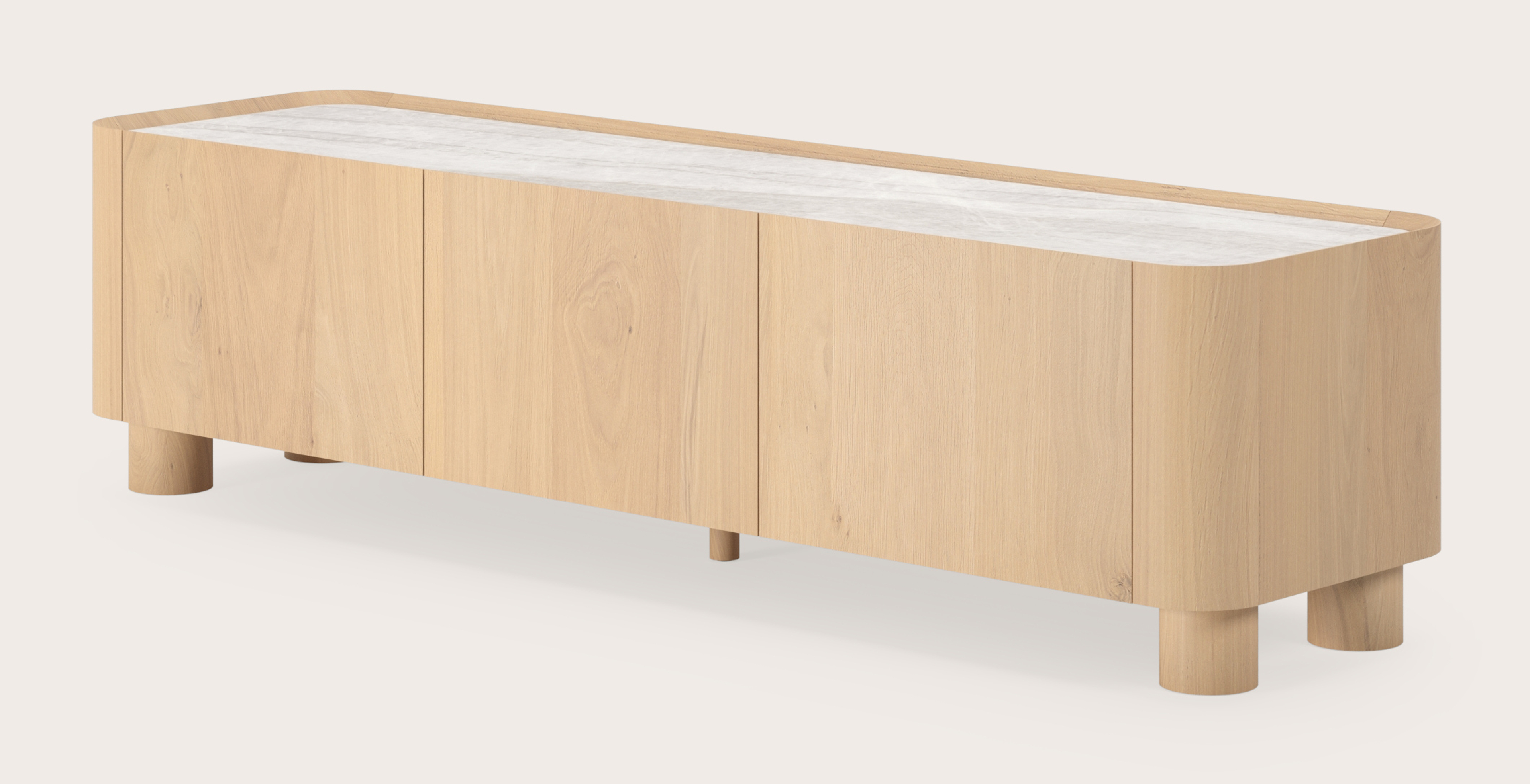 Meuble tv Curvato en chêne couleur naturelle avec pieds ronds en bois avec plateau Ceramo en céramique en couleur Taj Mahal 169 x 45 x 44 cm