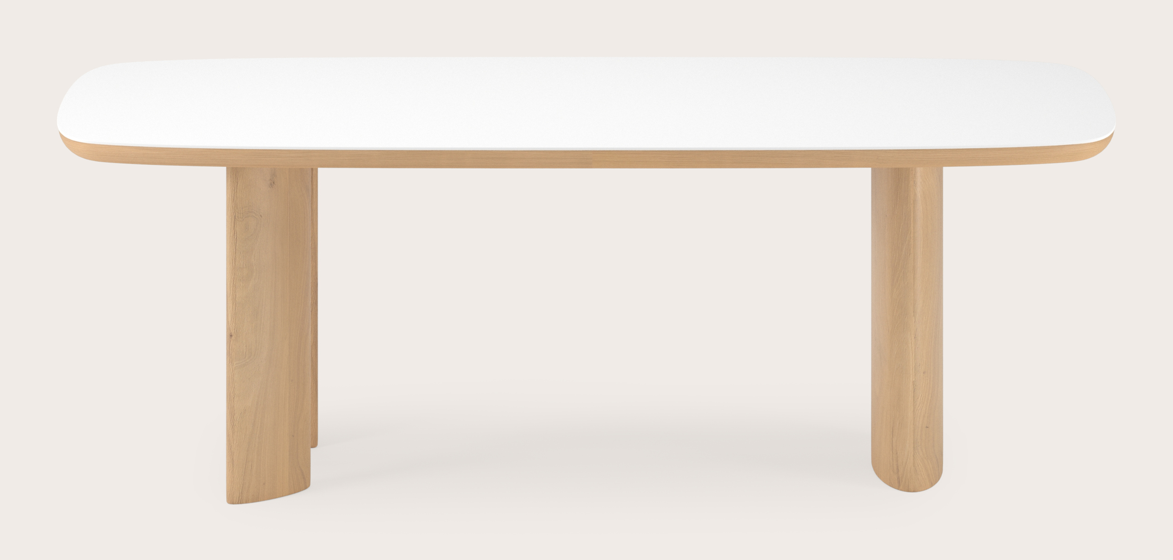 Eettafel Amato Ellipso onderstel in natuurkleurige eik met bootvormig volkeramisch Ceramo blad in kleur Arctic White 220 x 105 x 76 cm