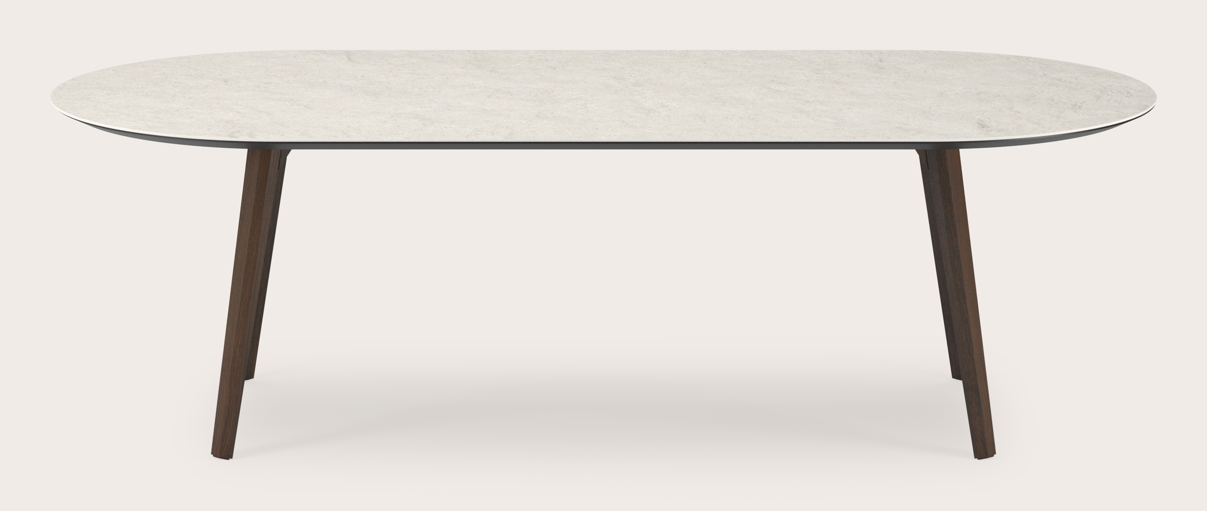 Eettafel Clino onderstel in gerookte eik met plat ovaal volkeramisch Ceramo blad in kleur Shilin 260 x 115 x 77 cm