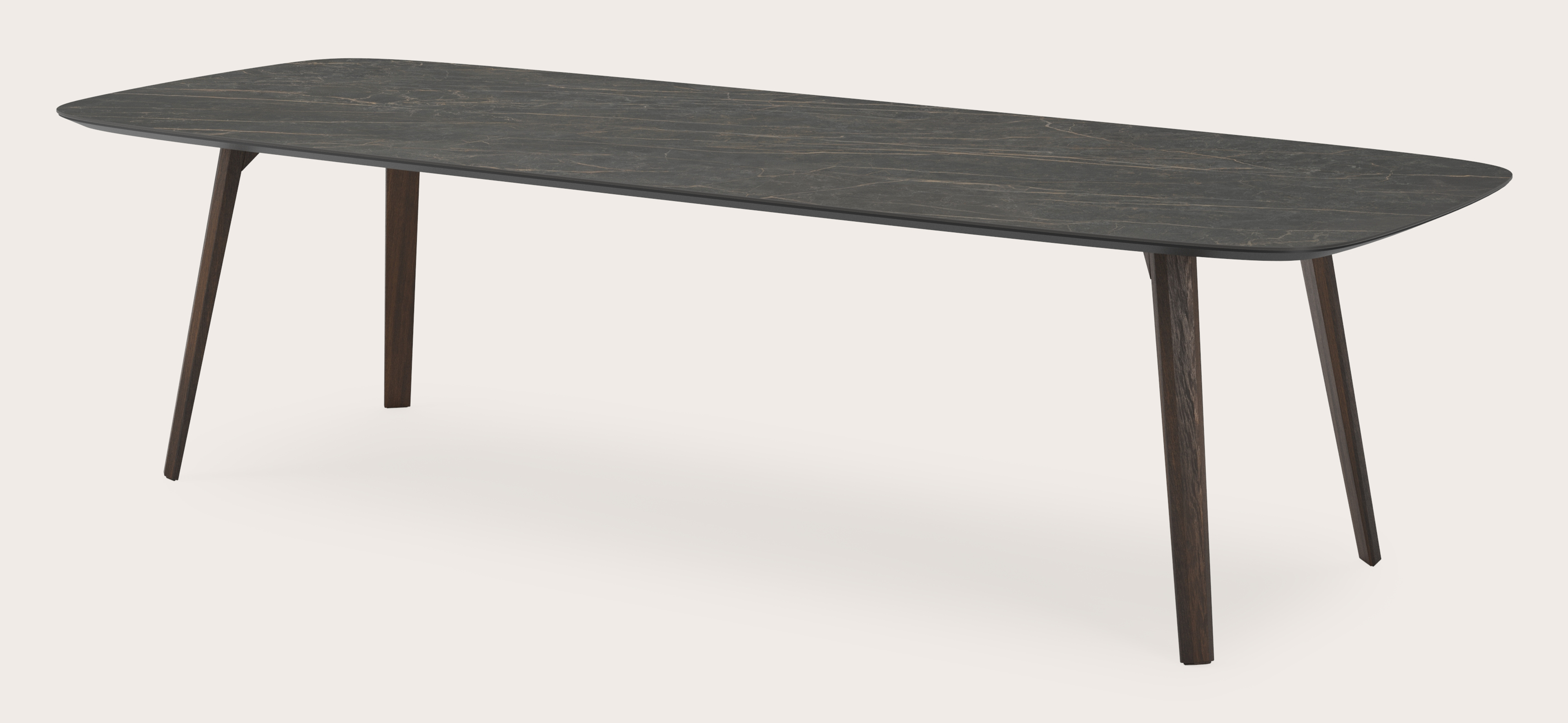Eettafel Clino onderstel in gerookte eik met bootvormig volkeramisch Ceramo blad in kleur Black Obsession 300 x 115 x 77 cm