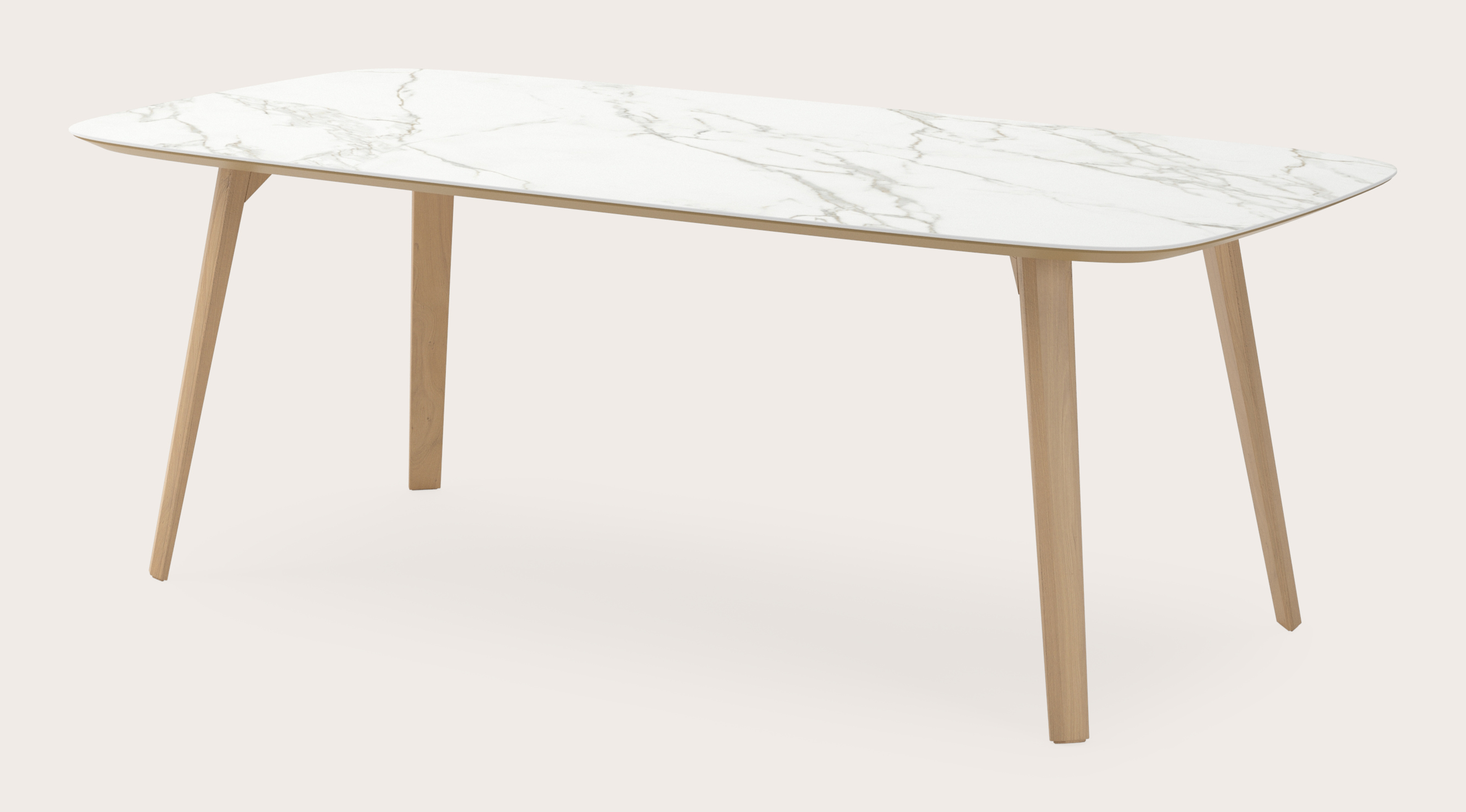 Table de salle à manger Clino armature en chêne couleur naturelle avec plateau Ceramo forme arrondi en céramique en couleur  Calacatta 220 x 105 x 77 cm