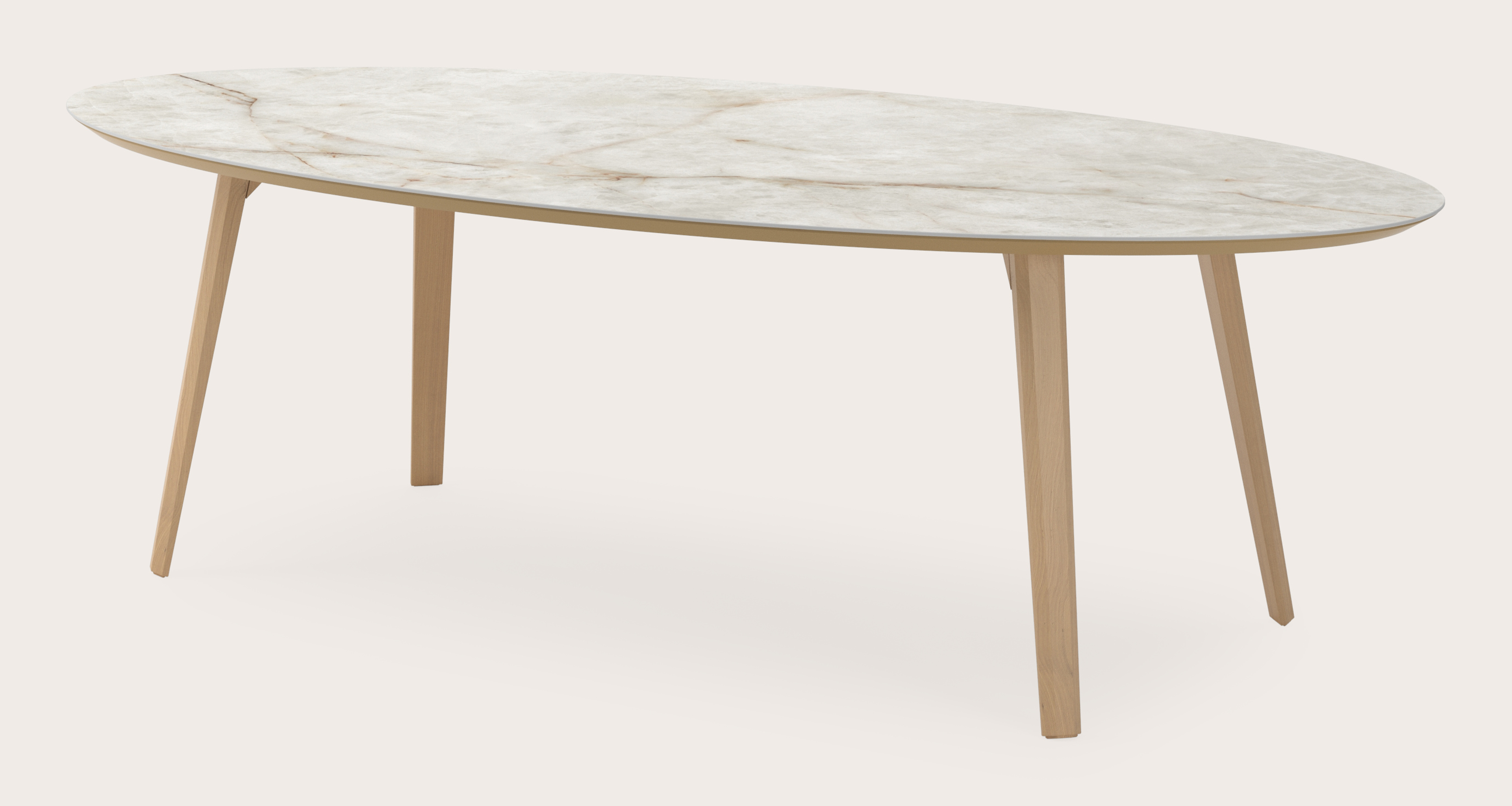 Eettafel Clino onderstel in natuurkleurige eik met ovaal volkeramisch Ceramo blad in kleur Himalaya 260 x 130 x 77 cm