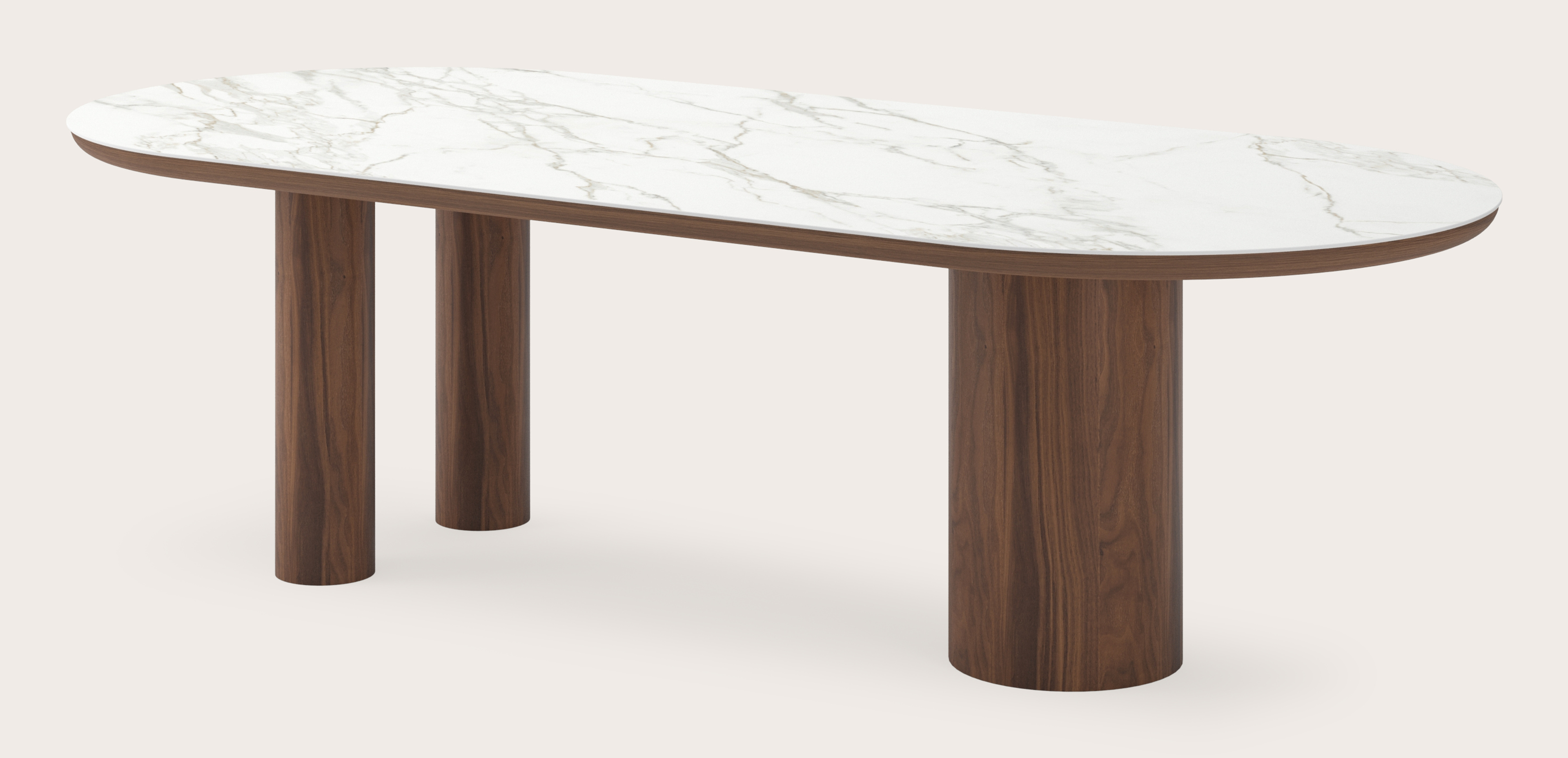 Eettafel Amato Rondo onderstel in walnoot met plat ovaal volkeramisch Ceramo blad in kleur Calacatta 260 x 115 x 76 cm