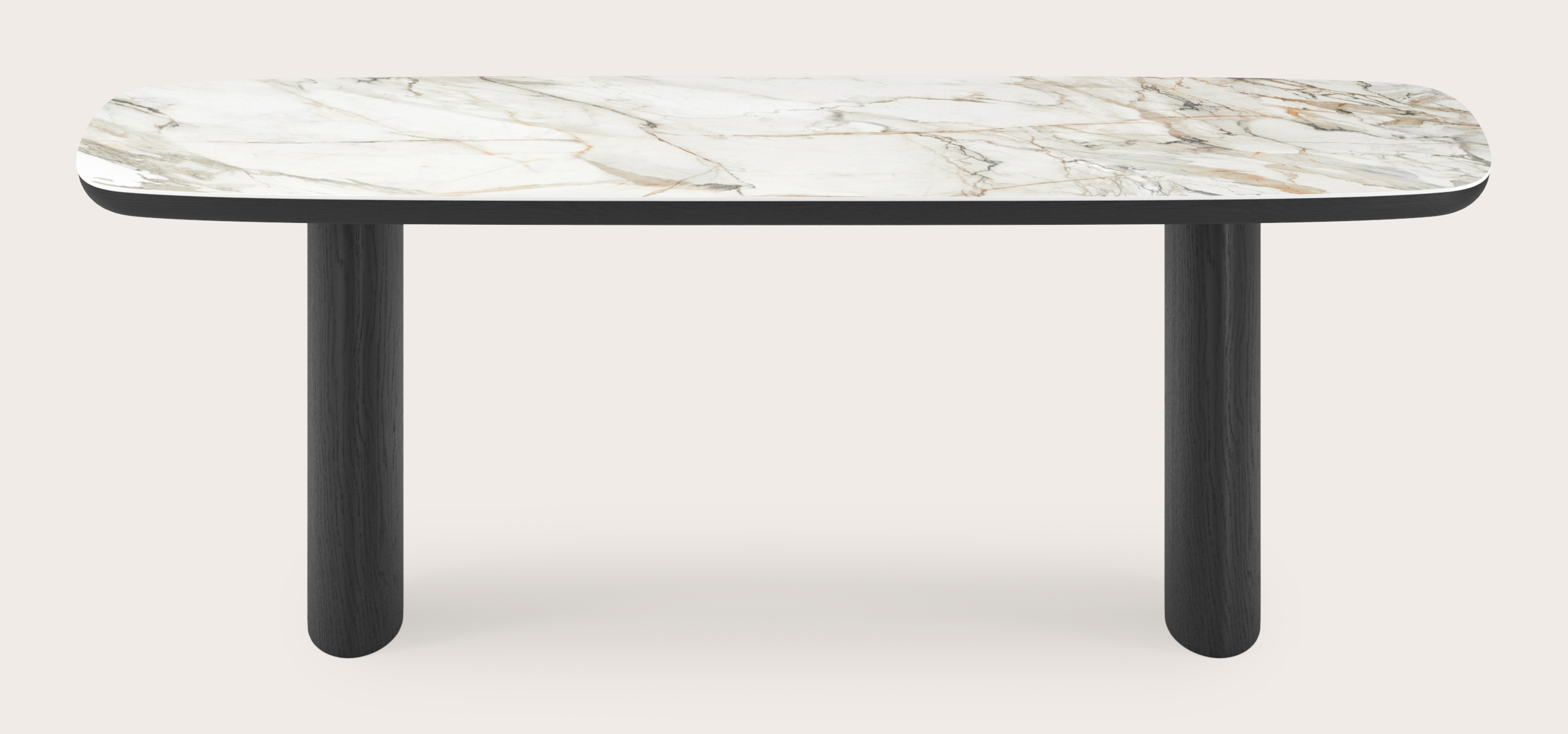 Eettafel Amato Ellipso onderstel in zwarte eik met bootvormig volkeramisch Ceramo blad in kleur Calacatta Luxe 220 x 105 x 76 cm