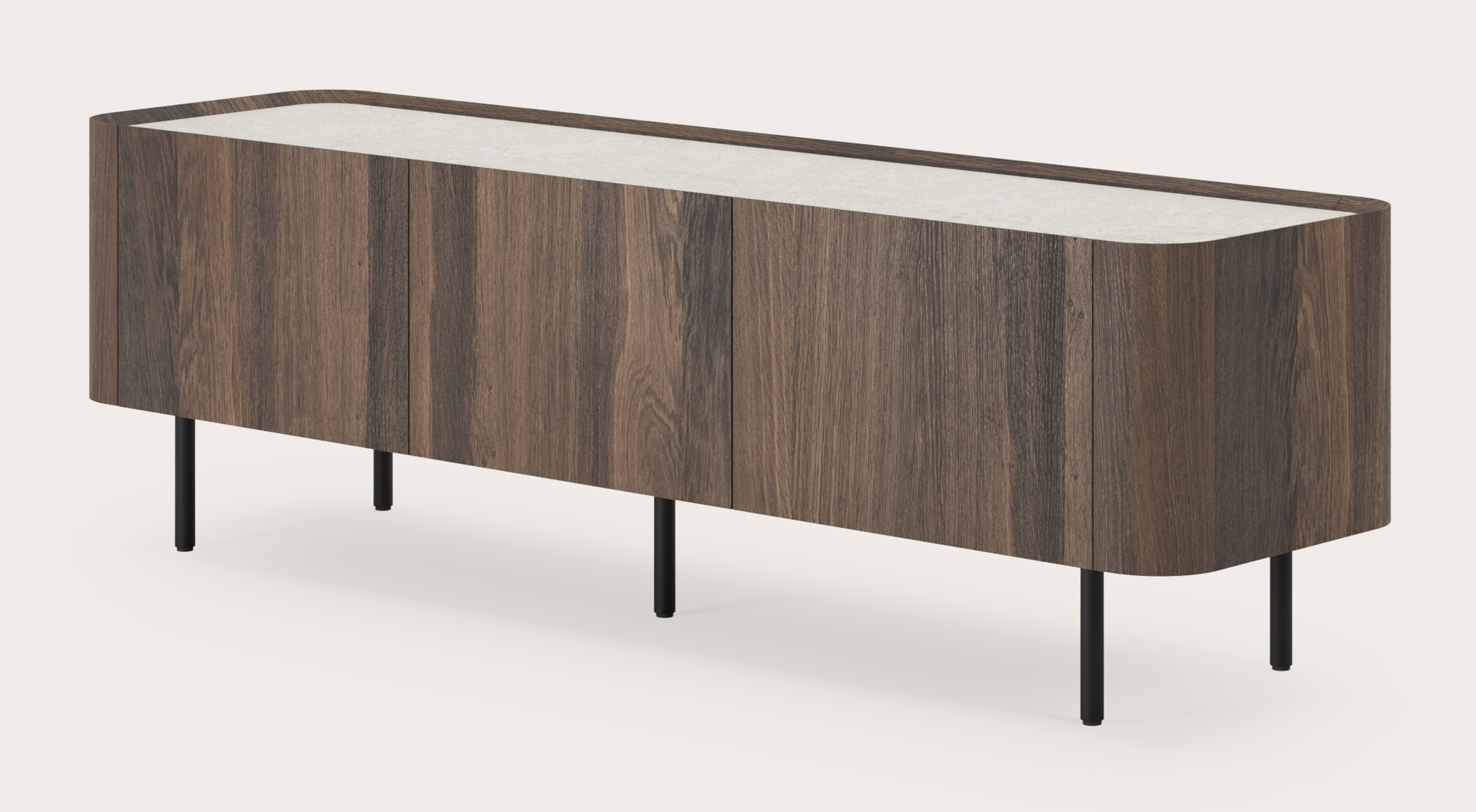 Meuble tv Curvato en chêne fumé avec pieds ronds en métal avec plateau Ceramo en céramique en couleur Shilin 169 x 45 x 52 cm