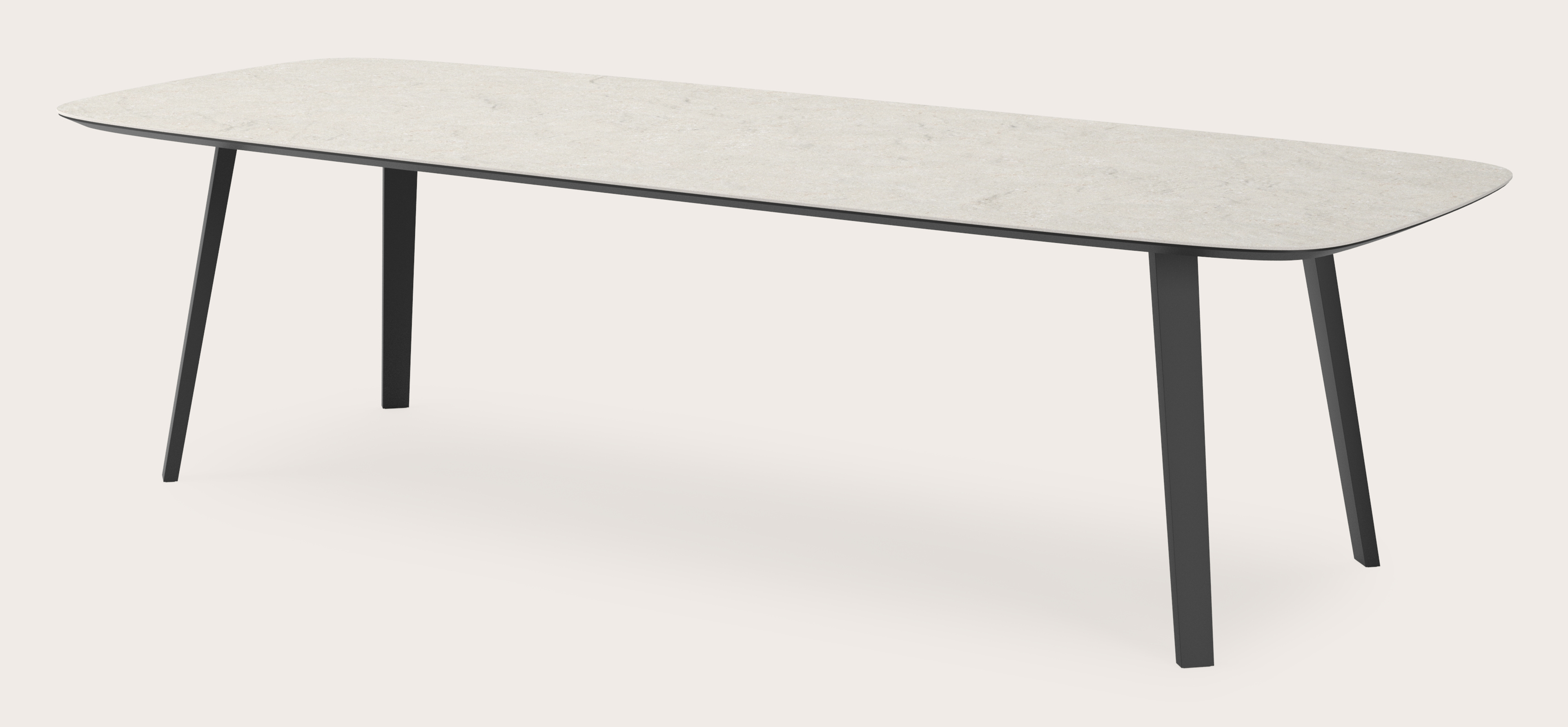Table de salle à manger Clino armature en métal noir avec plateau Ceramo forme arrondi en céramique en couleur Shilin 300 x 115 x 77 cm