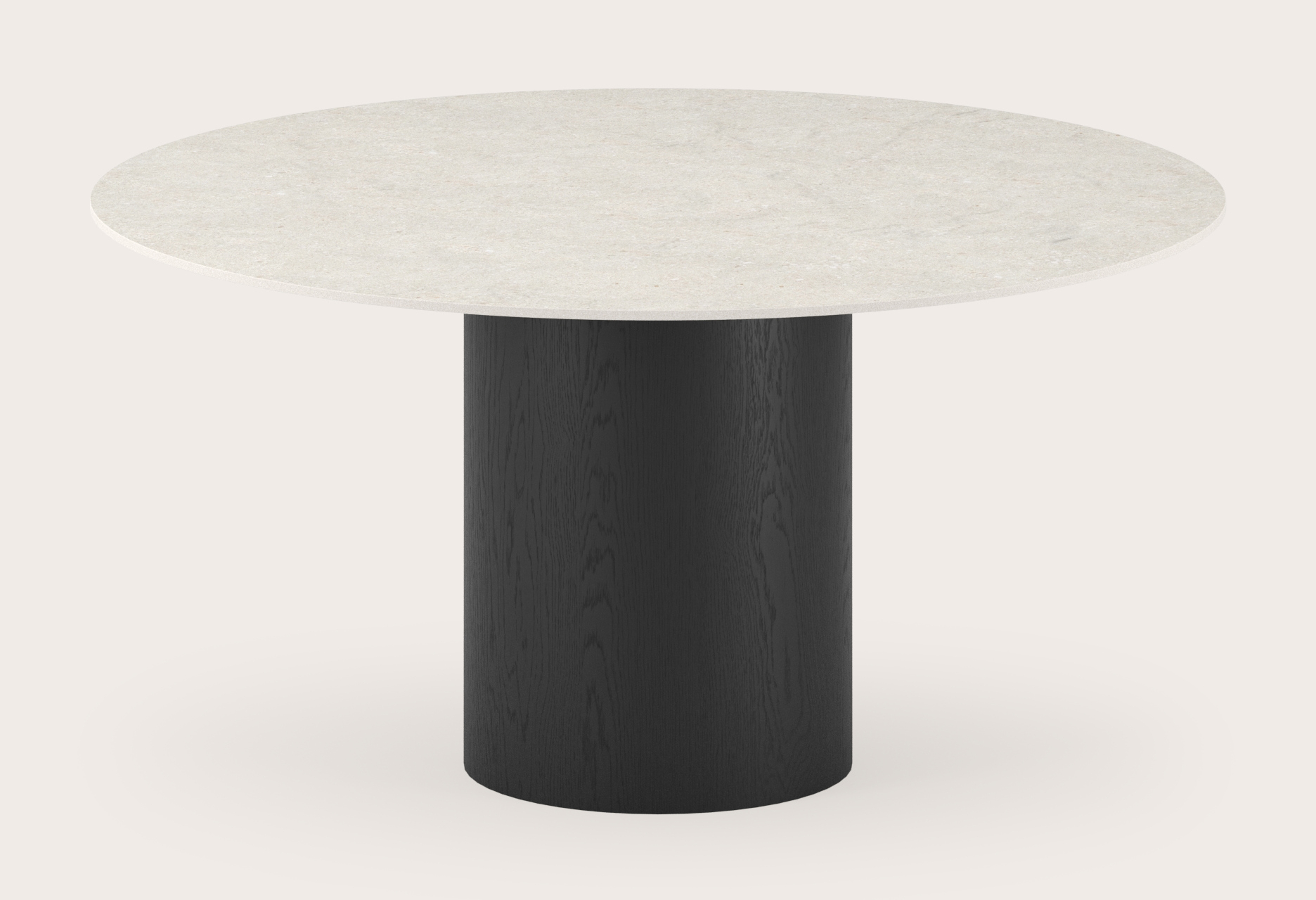 Eettafel low dining Amato Rondo onderstel in zwarte eik met rond volkeramisch Ceramo Lux blad in kleur Shilin Ø140 x 69 cm