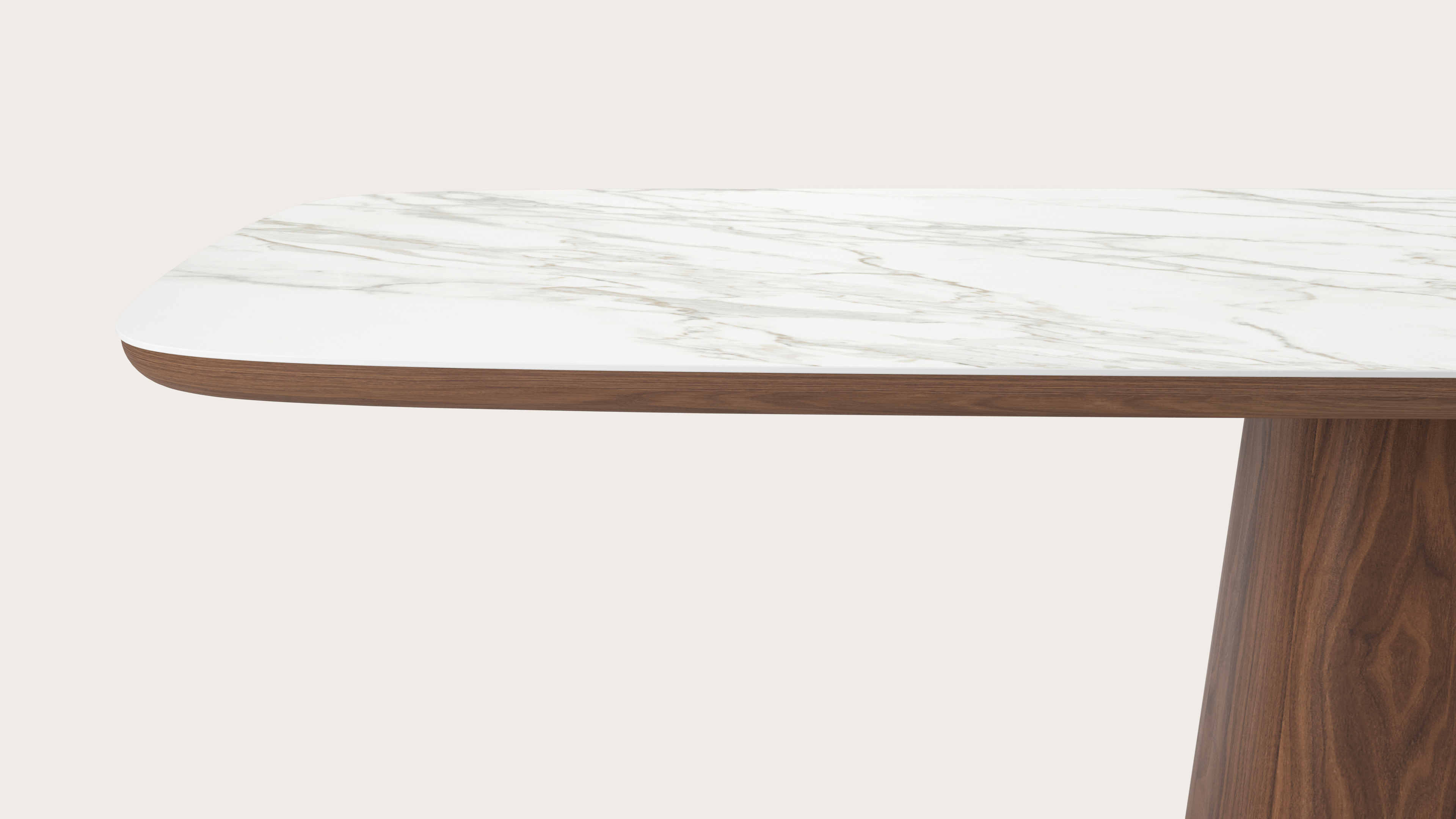 Eettafel Amato Cuadro onderstel in noyer avec plateau Ceramo forme arrondie en céramique en couleur Calacatta 300 x 115 x 77 cm