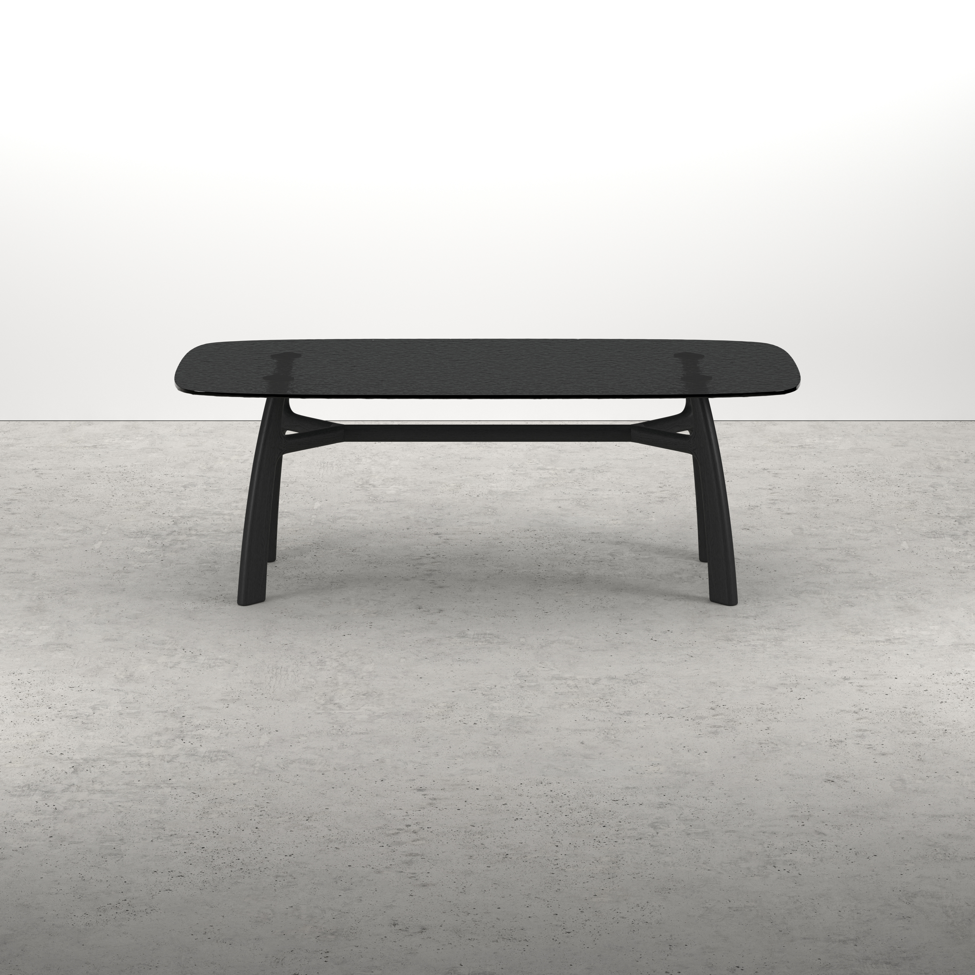 Eettafel Lucento onderstel in zwarte eik met bootvormig glazen blad in grijze kleur 220 x 105 x 76 cm