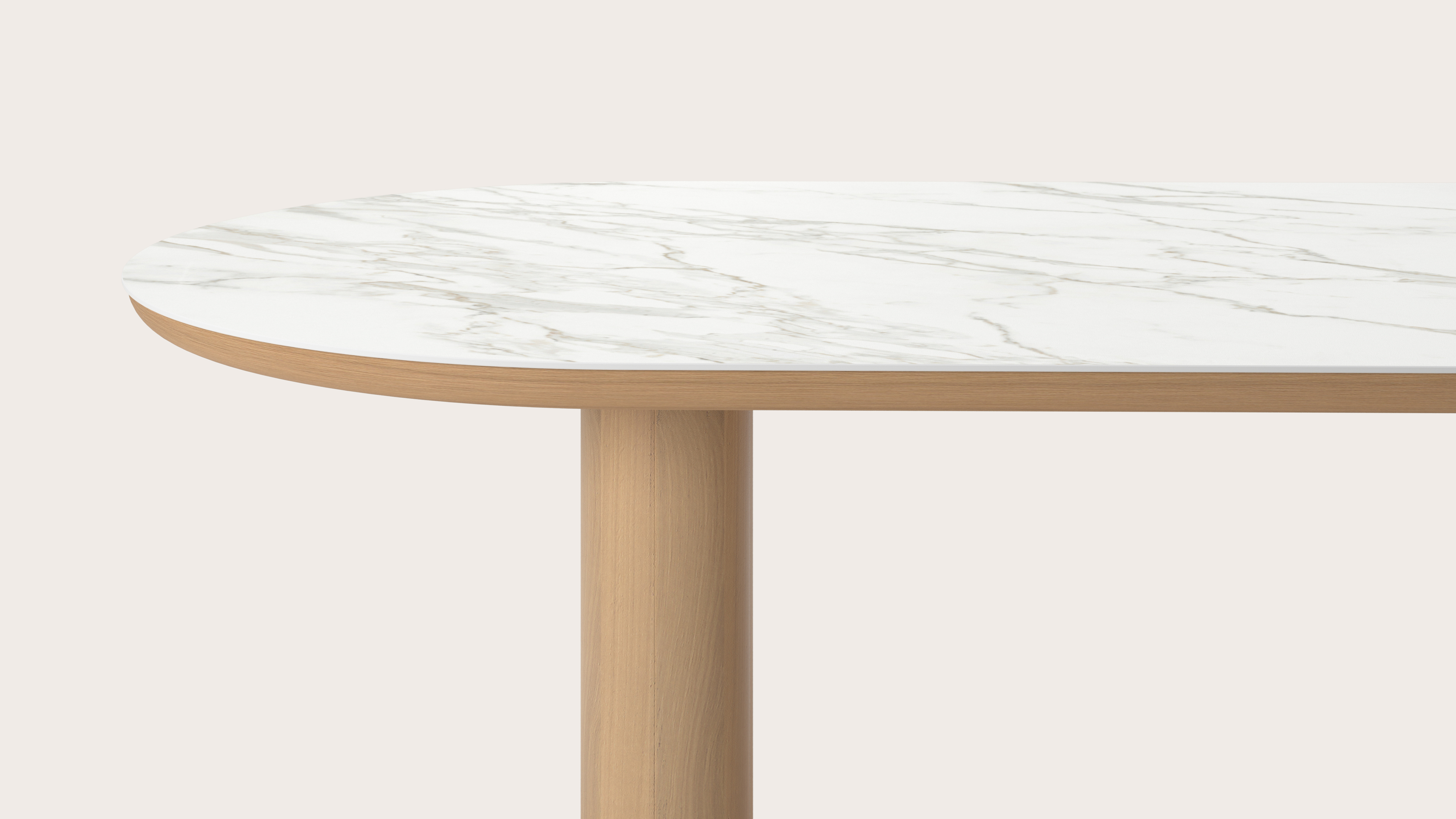Eettafel Amato Rondo onderstel in natuurkleurige eik met plat ovaal volkeramisch Ceramo blad in kleur Calacatta 260 x 115 x 76 cm
