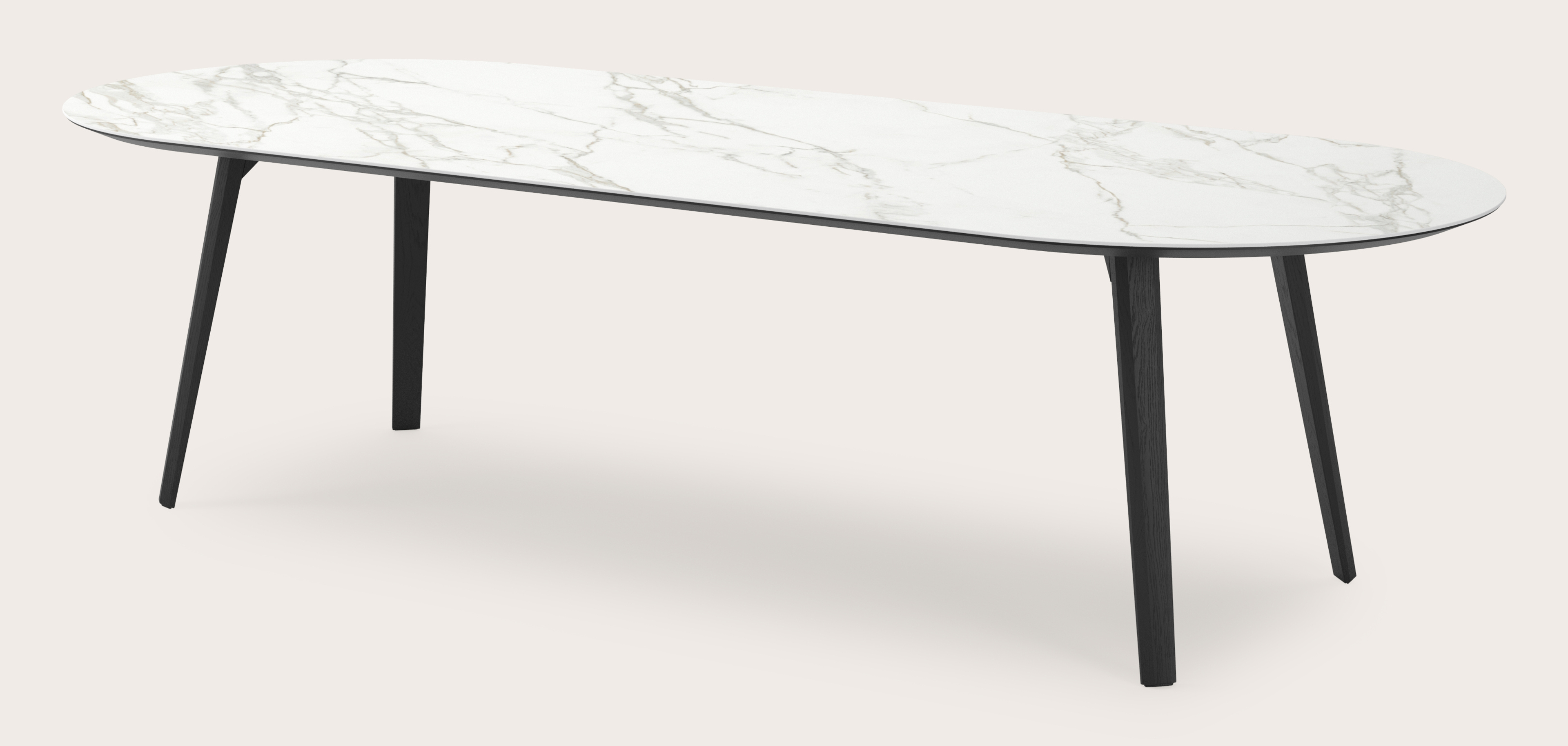 Eettafel Clino onderstel in zwarte eik met plat ovaal volkeramisch Ceramo blad in kleur Calacatta 300 x 120 x 77 cm