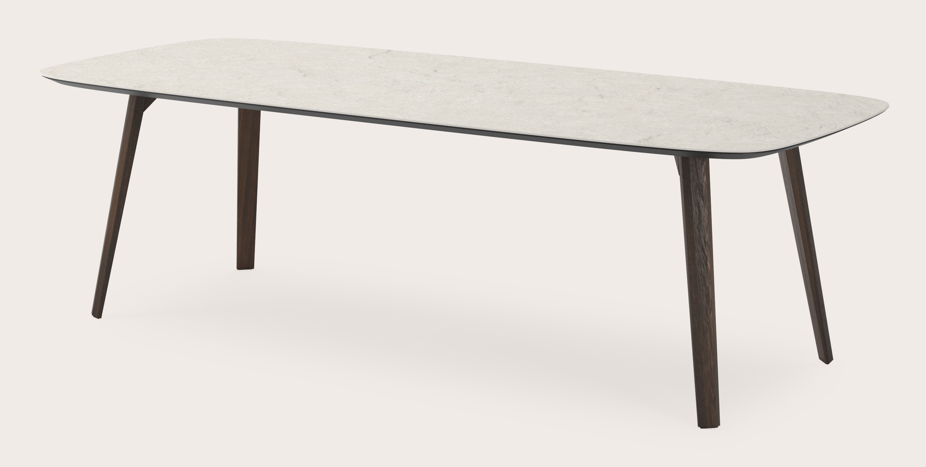 Table de salle à manger Clino armature en chêne fumé avec plateau Ceramo forme arrondie en céramique en couleur Shilin 260 x 110 x 77 cm