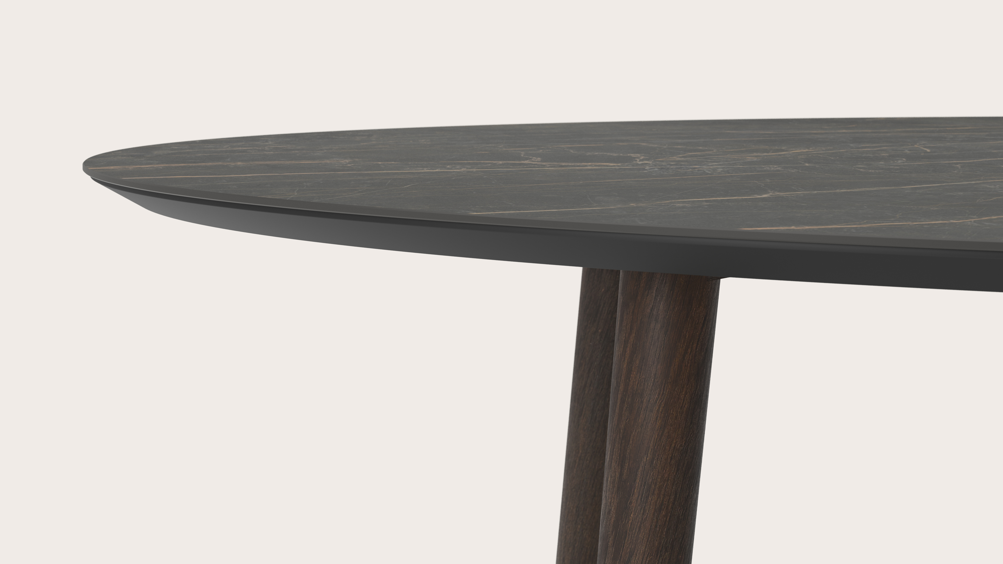 Table de salle à manger Conico armature en chêne fumé avec plateau Ceramo ovale en céramique en couleur Black Obsession 260 x 130 x 77 cm