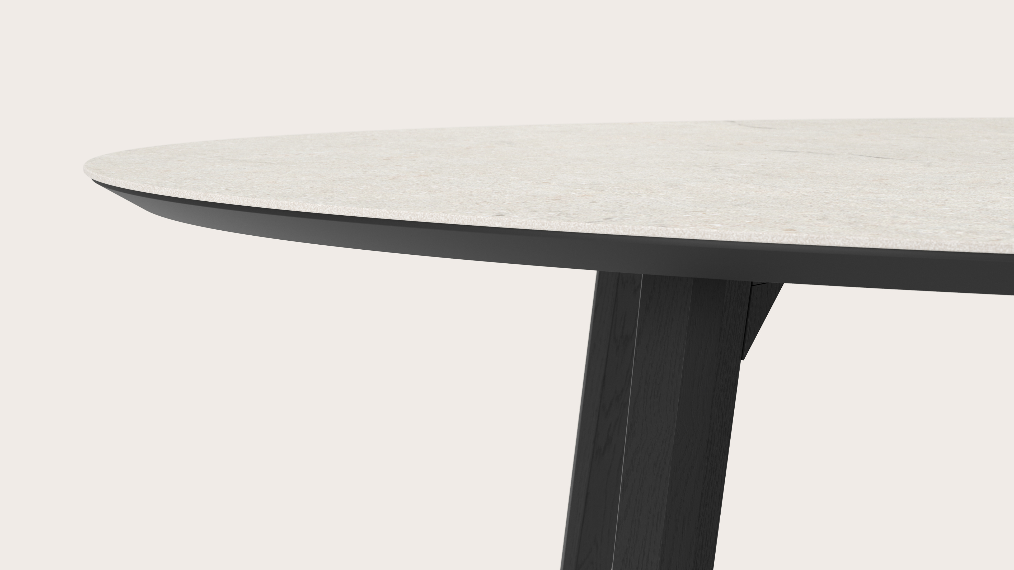 Eettafel Clino onderstel in zwarte eik met ovaal volkeramisch Ceramo blad in kleur Shilin 260 x 130 x 77 cm
