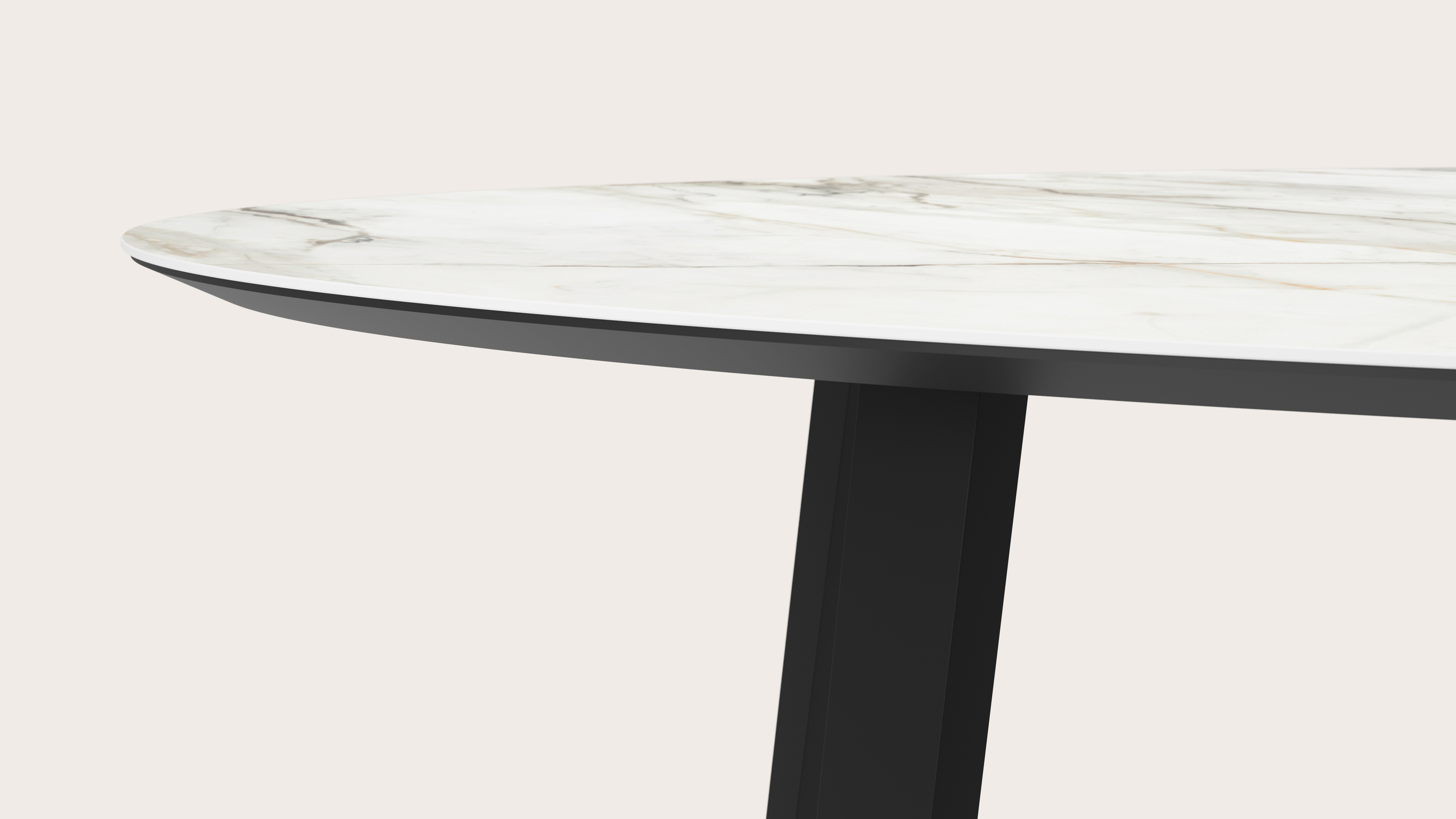 Table de salle à manger Clino armature en métal noir avec plateau Ceramo ovale en céramique en couleur Calacatta Luxe  300 x 140 x 77 cm