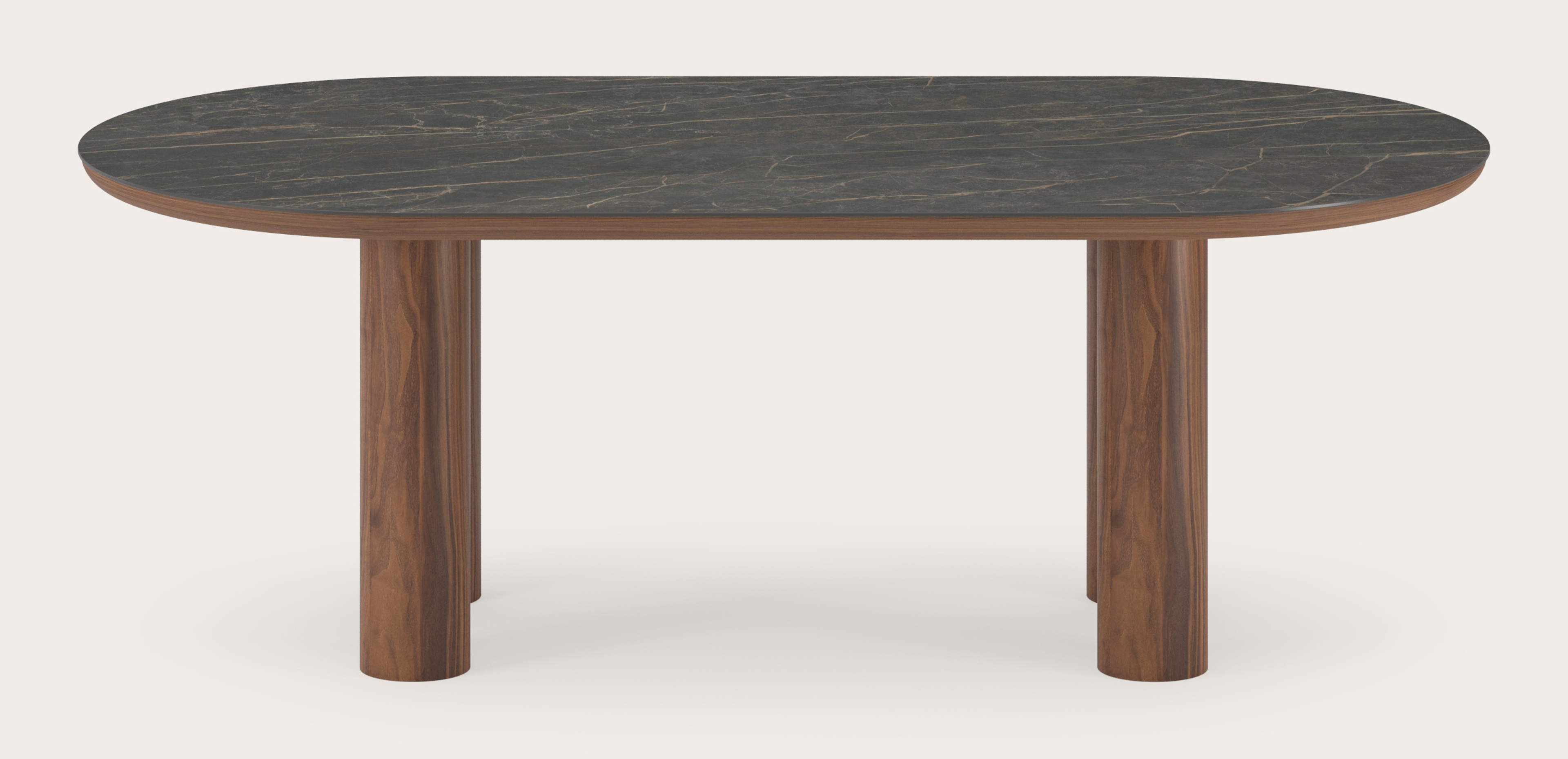 Eettafel Amato Rondo onderstel in walnoot met plat ovaal volkeramisch Ceramo blad in kleur Black Obsession 220 x 110 x 76 cm