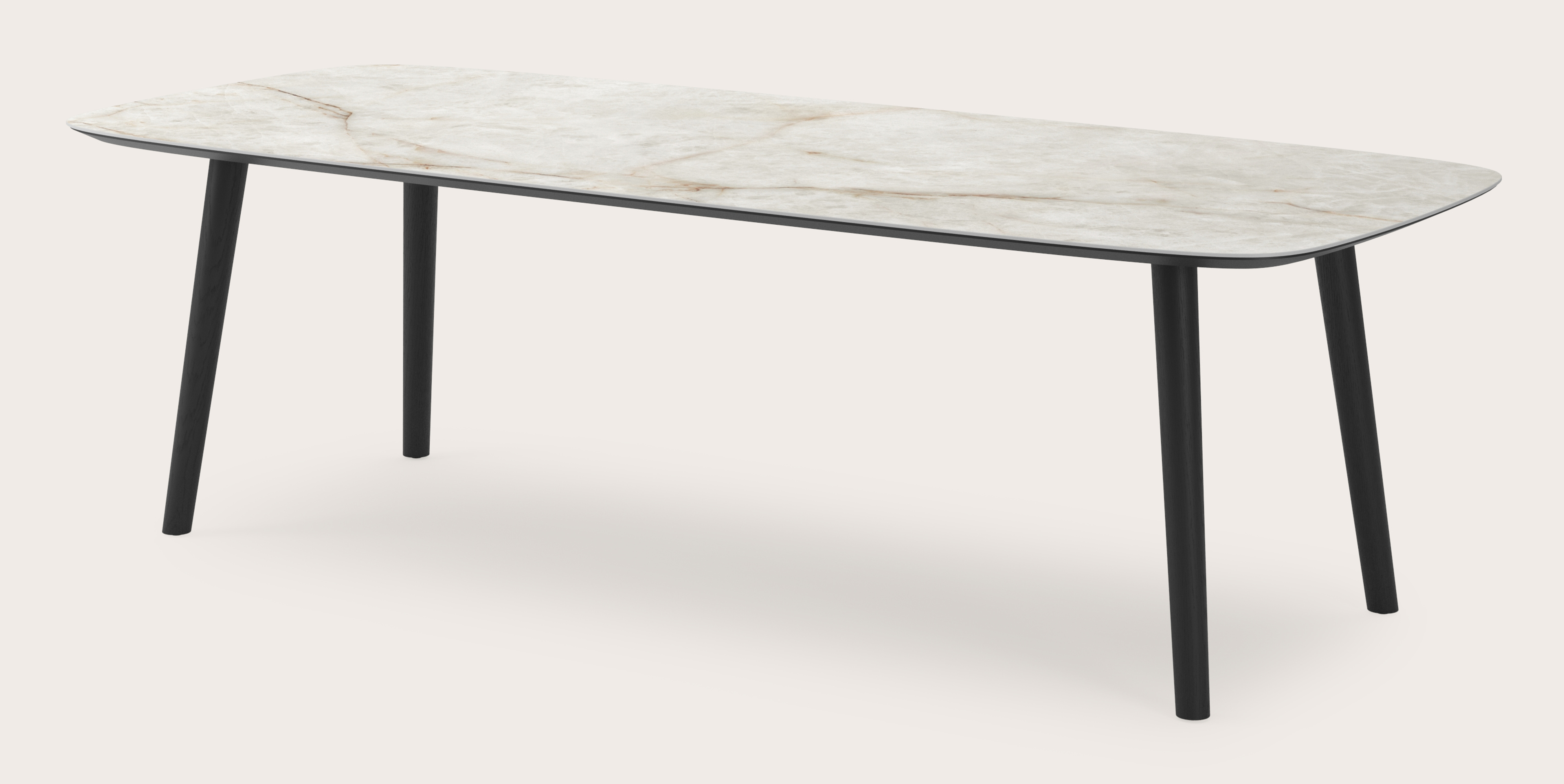 Table de salle à manger Conico armature en chêne noir avec plateau Ceramo forme arrondi en céramique en couleur Himalaya 260 x 110 x 77 cm