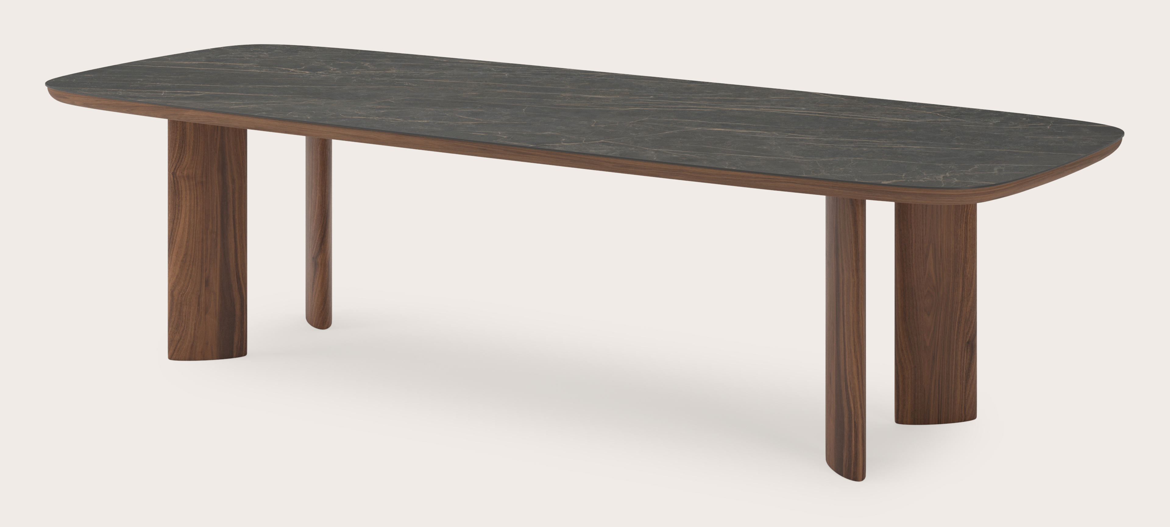 Eettafel Amato Ellipso onderstel in walnoot met bootvormig volkeramisch Ceramo blad in kleur Black Obsession 300 x 115 x 76 cm