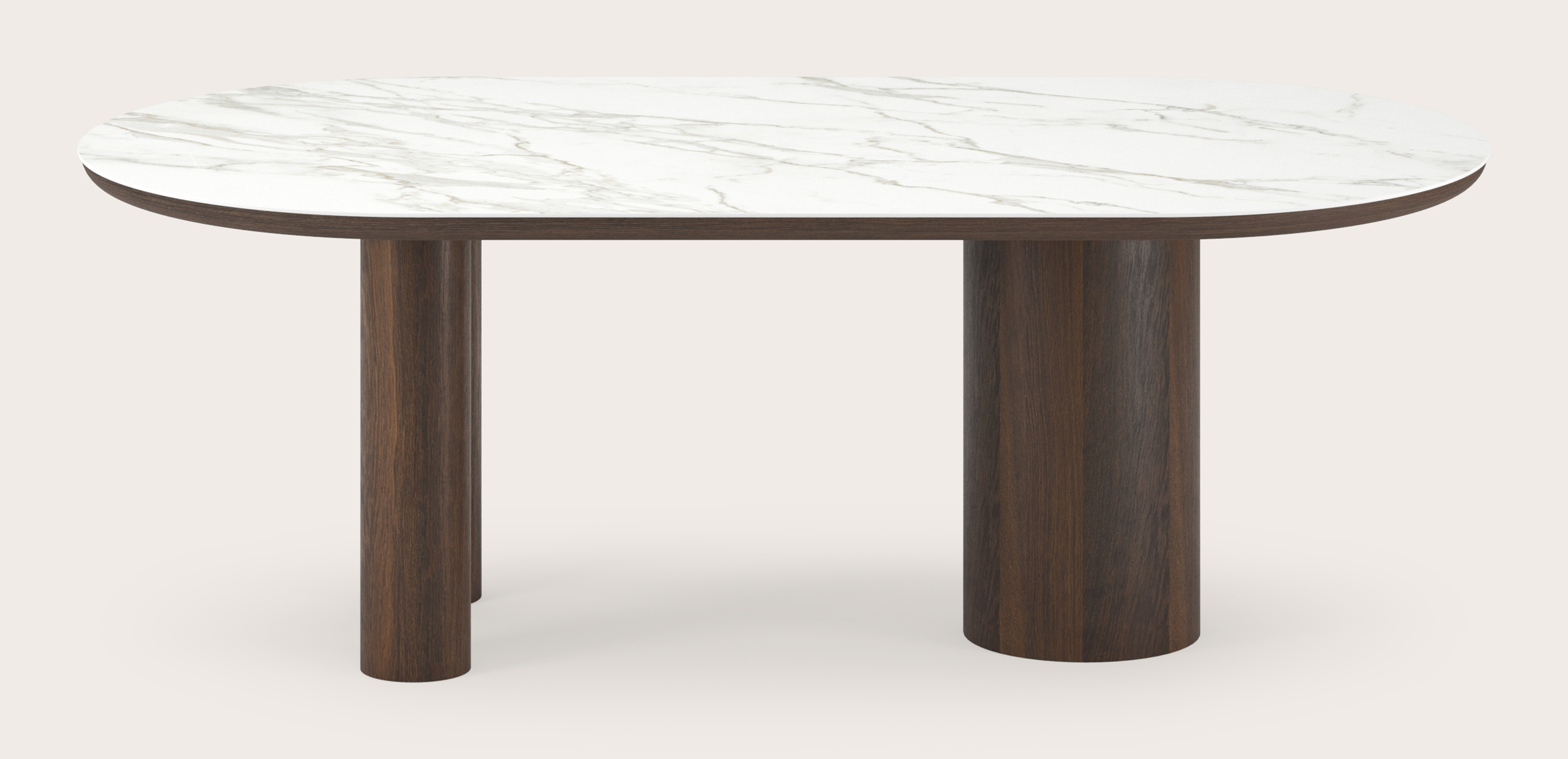 Eettafel Amato Rondo onderstel in gerookte eik met plat ovaal volkeramisch Ceramo blad in kleur Calacatta 220 x 110 x 76 cm
