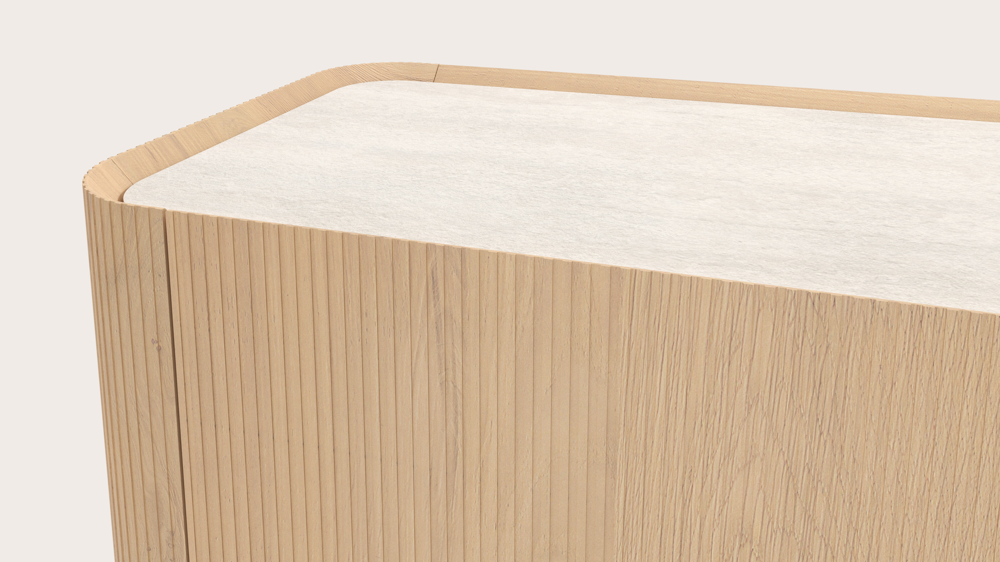 Grivato dressoir in natuurkleurige eik met ronde poten met volkeramisch Ceramo blad in kleur Travertino Bianco 269 x 45 cm