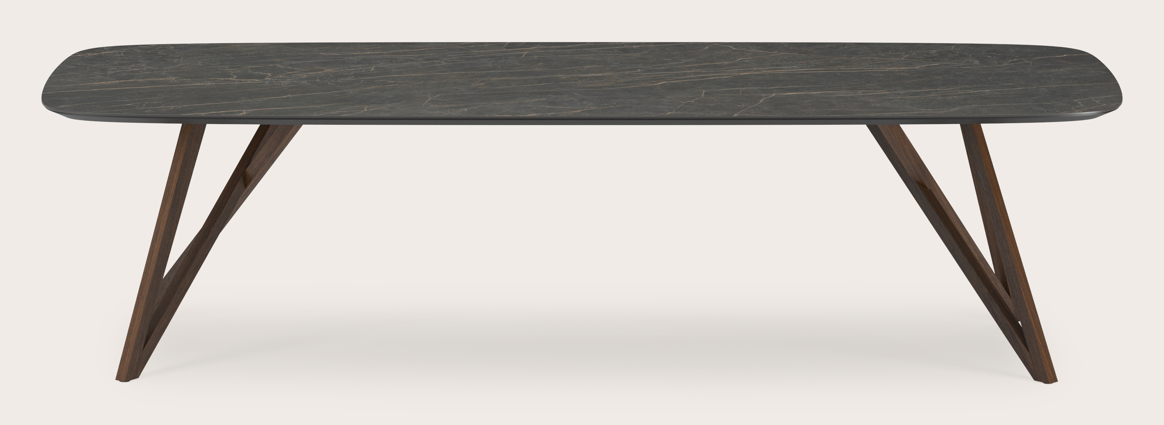 Table de salle à manger Ragno armature en chêne fumé avec plateau Ceramo forme arrondie en céramique en couleur Black Obsession 300 x 115 x 77 cm