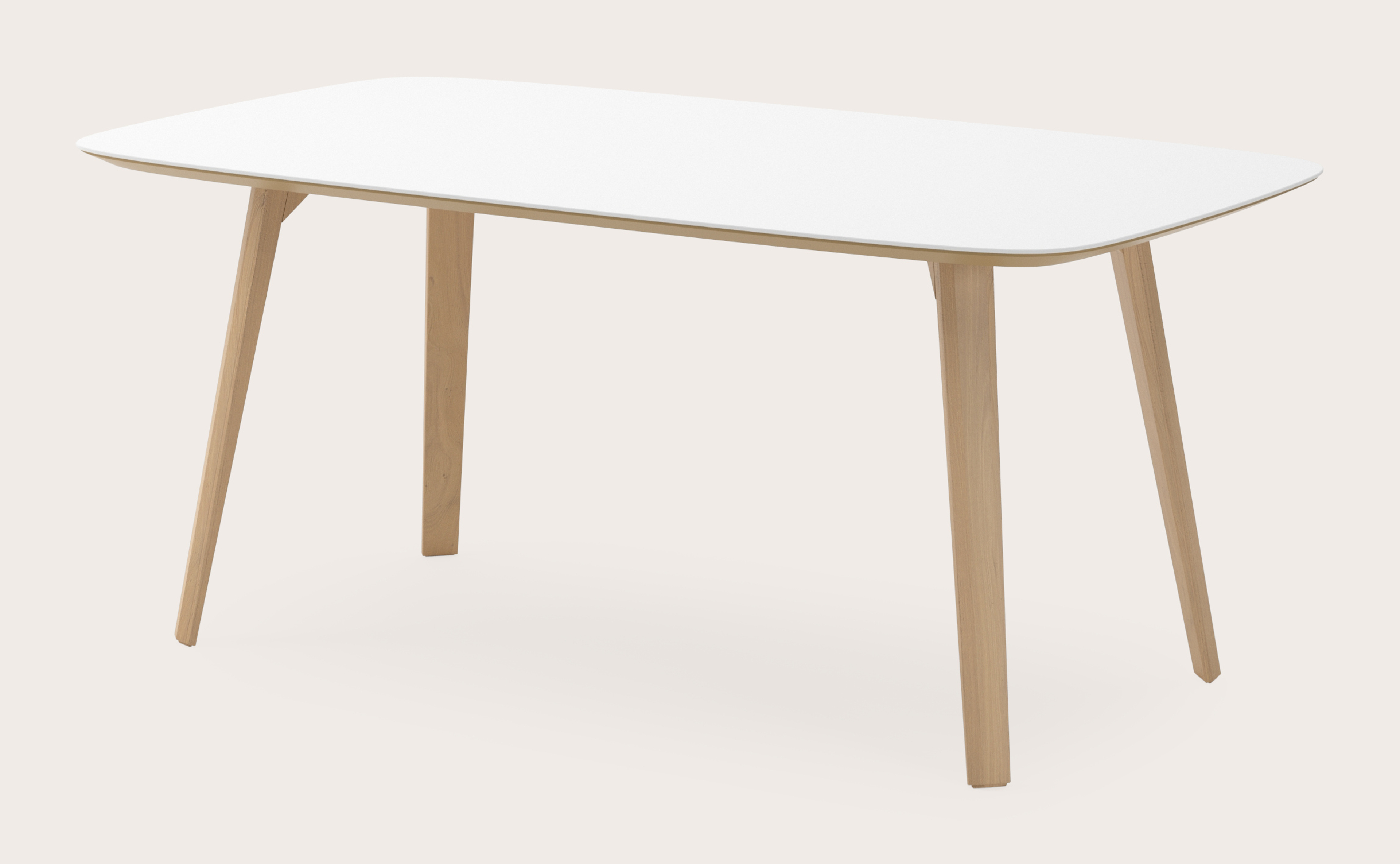 Eettafel Clino onderstel in natuurkleurige eik met bootvormig volkeramisch Ceramo blad in kleur Arctic White 180 x 100 x 77 cm