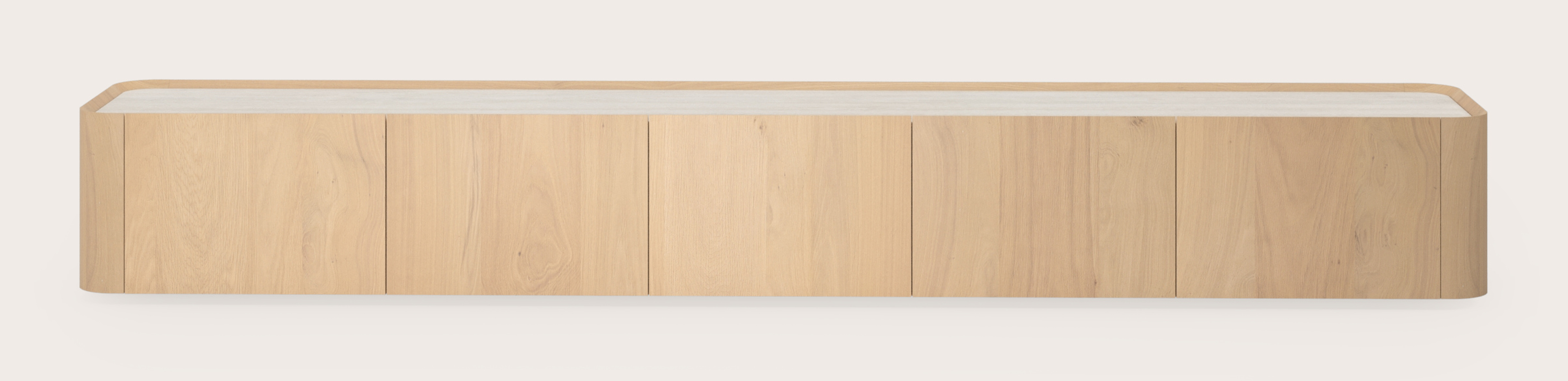 Meuble tv Curvato en chêne couleur naturelle avec plateau Ceramo en céramique en couleur Travertino Bianco 269 x 45 x 34 cm