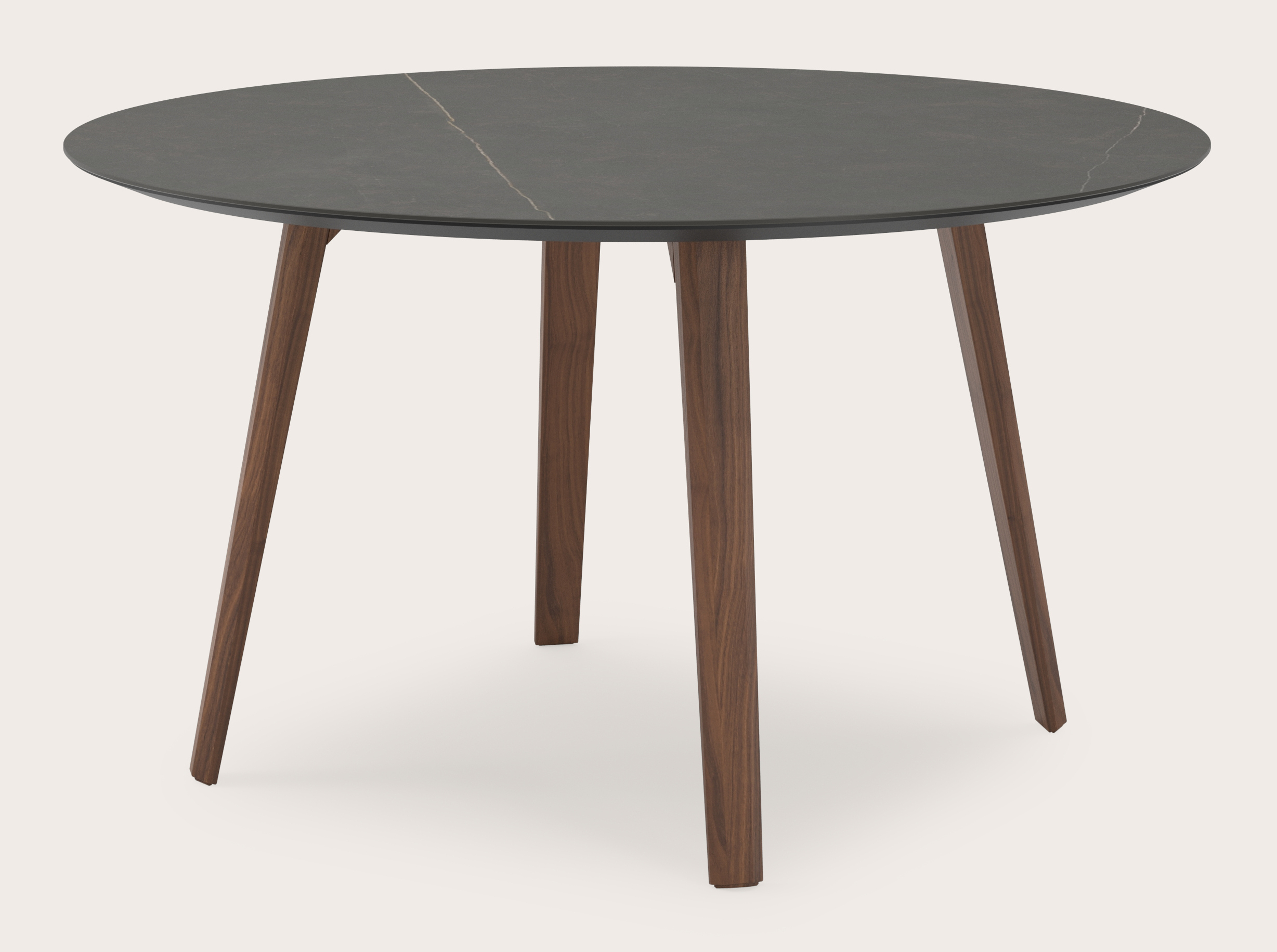 Eettafel Clino onderstel in walnoot met rond volkeramisch Ceramo blad in kleur Calatorao Ø140 x 77 cm