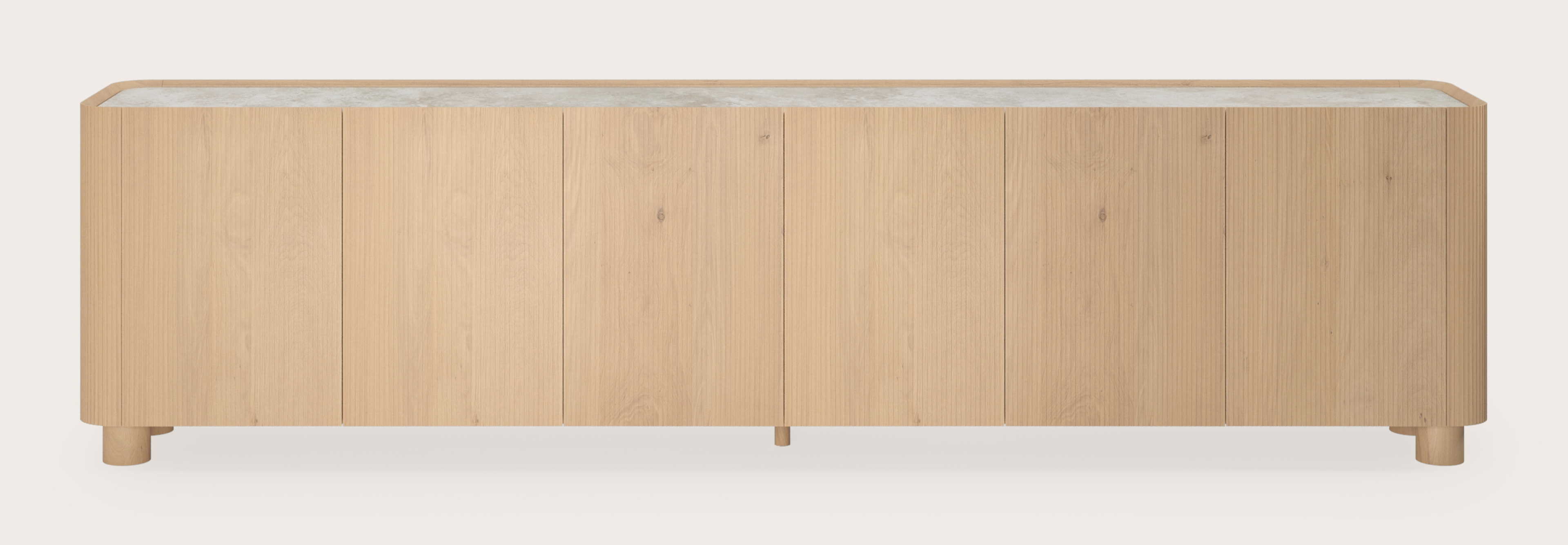 Grivato dressoir in natuurkleurige eik met ronde poten met volkeramisch Ceramo blad in kleur Rapolano 294 x 45 cm