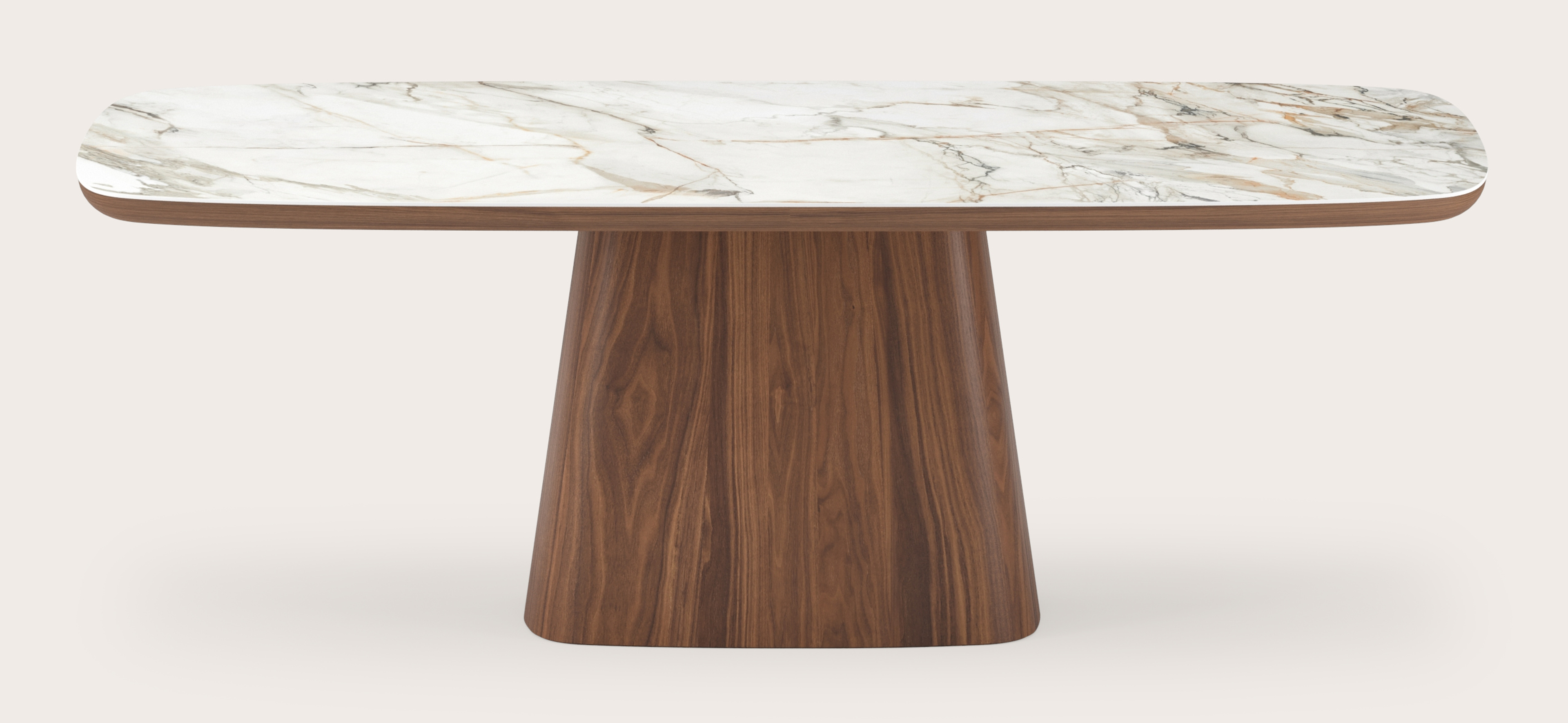 Eettafel Amato Cuadro onderstel in walnoot met Bootvormig volkeramisch Ceramo blad in kleur Calacatta Luxe 220 x 105 x 77 cm