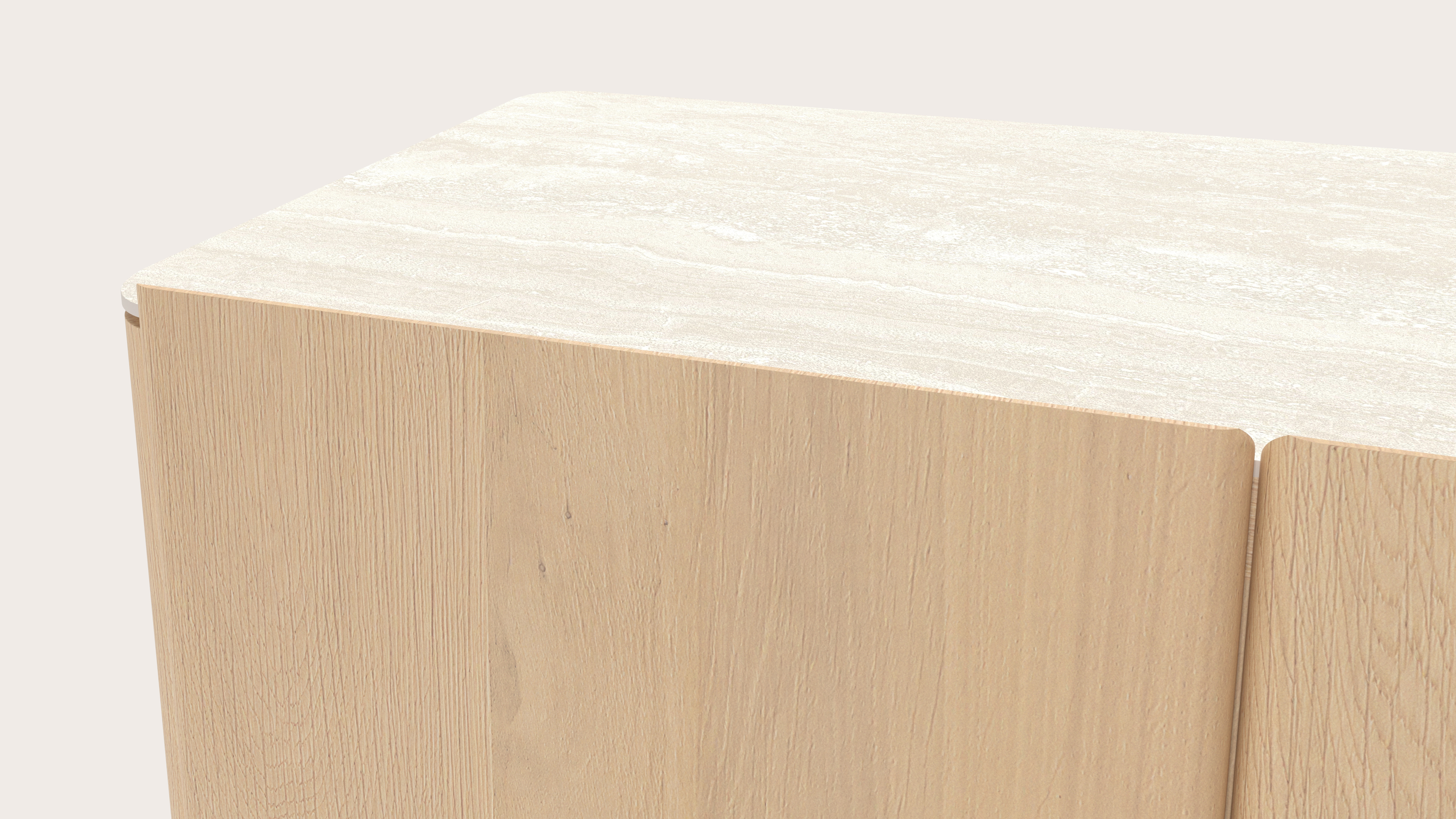 Belloni dressoir in natuurkleurige eik met bovenblad in Travertin met houten poten 180x47x62cm