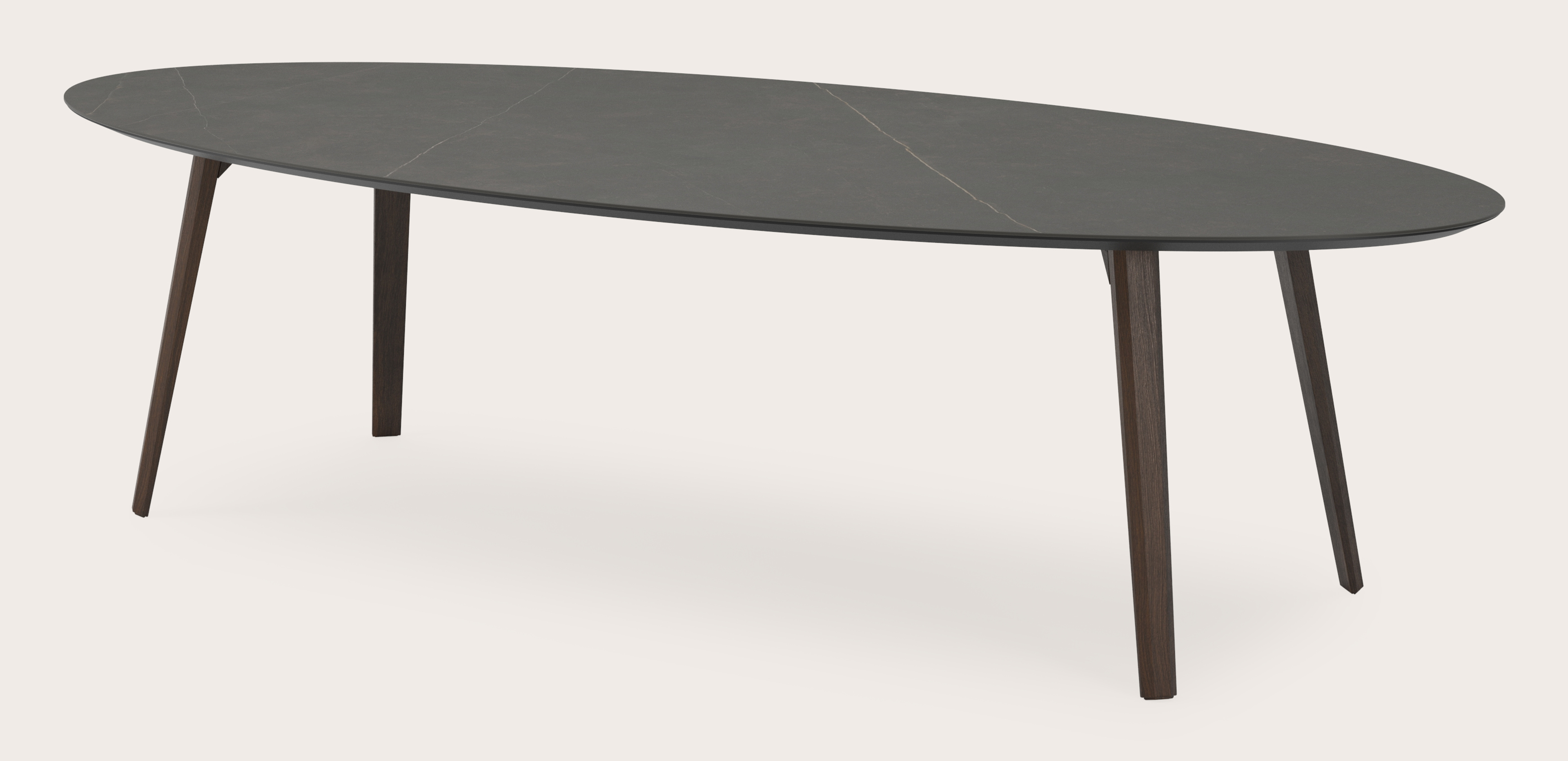 Table de salle à manger Clino armature en chêne fumé avec plateau Ceramo ovale en céramique en couleur Calatorao 300 x 140 x 77 cm