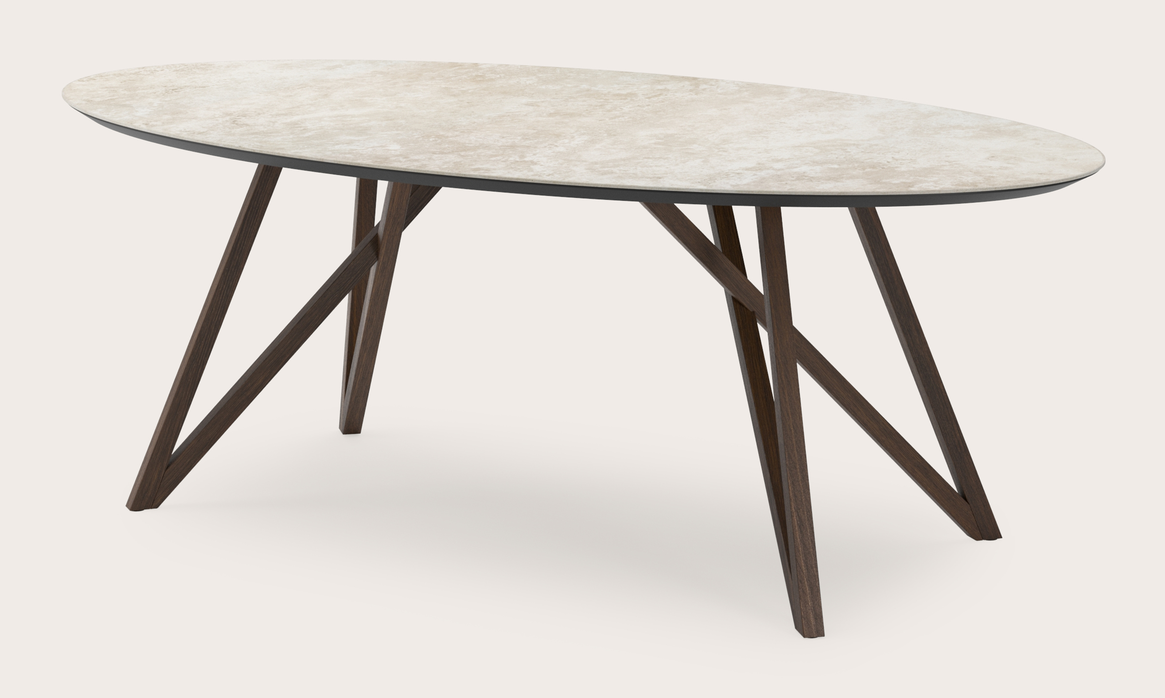 Eettafel Ragno onderstel in gerookte eik met ovaal volkeramisch Ceramo blad in kleur Rapolano 220 x 120 x 77 cm