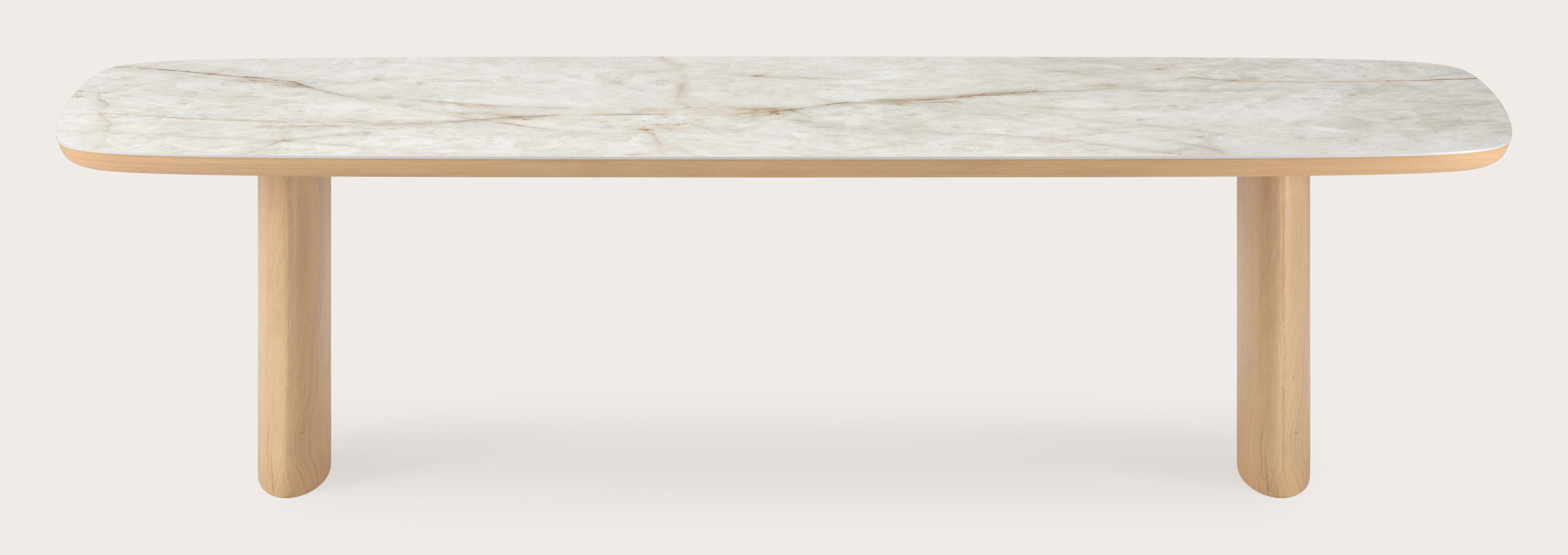 Eettafel Amato Ellipso onderstel in natuurkleurige eik met bootvormig volkeramisch Ceramo blad in kleur Himalaya 300 x 115 x 76 cm