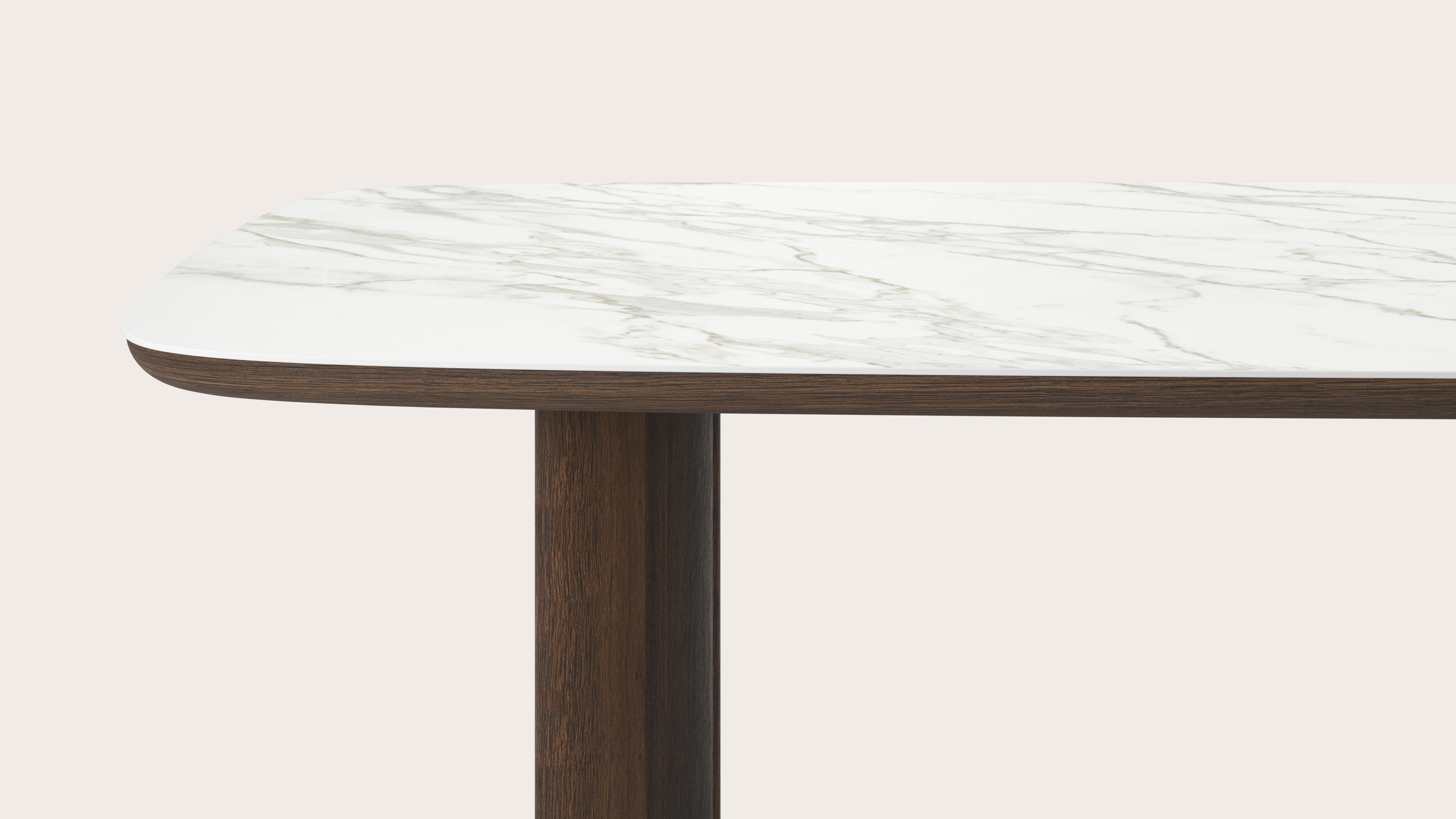 Eettafel Amato Ellipso onderstel in gerookte eik met bootvormig volkeramisch Ceramo blad in kleur Calacatta 300 x 115 x 76 cm