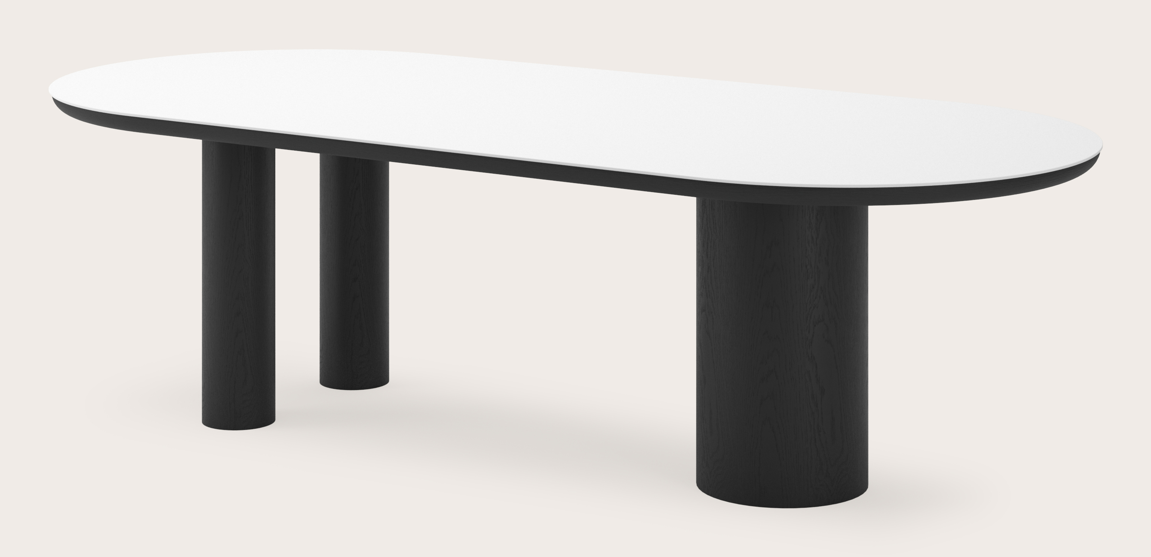 Eettafel Amato Rondo onderstel in zwarte eik met plat ovaal volkeramisch Ceramo blad in kleur Arctic White 260 x 115 x 76 cm