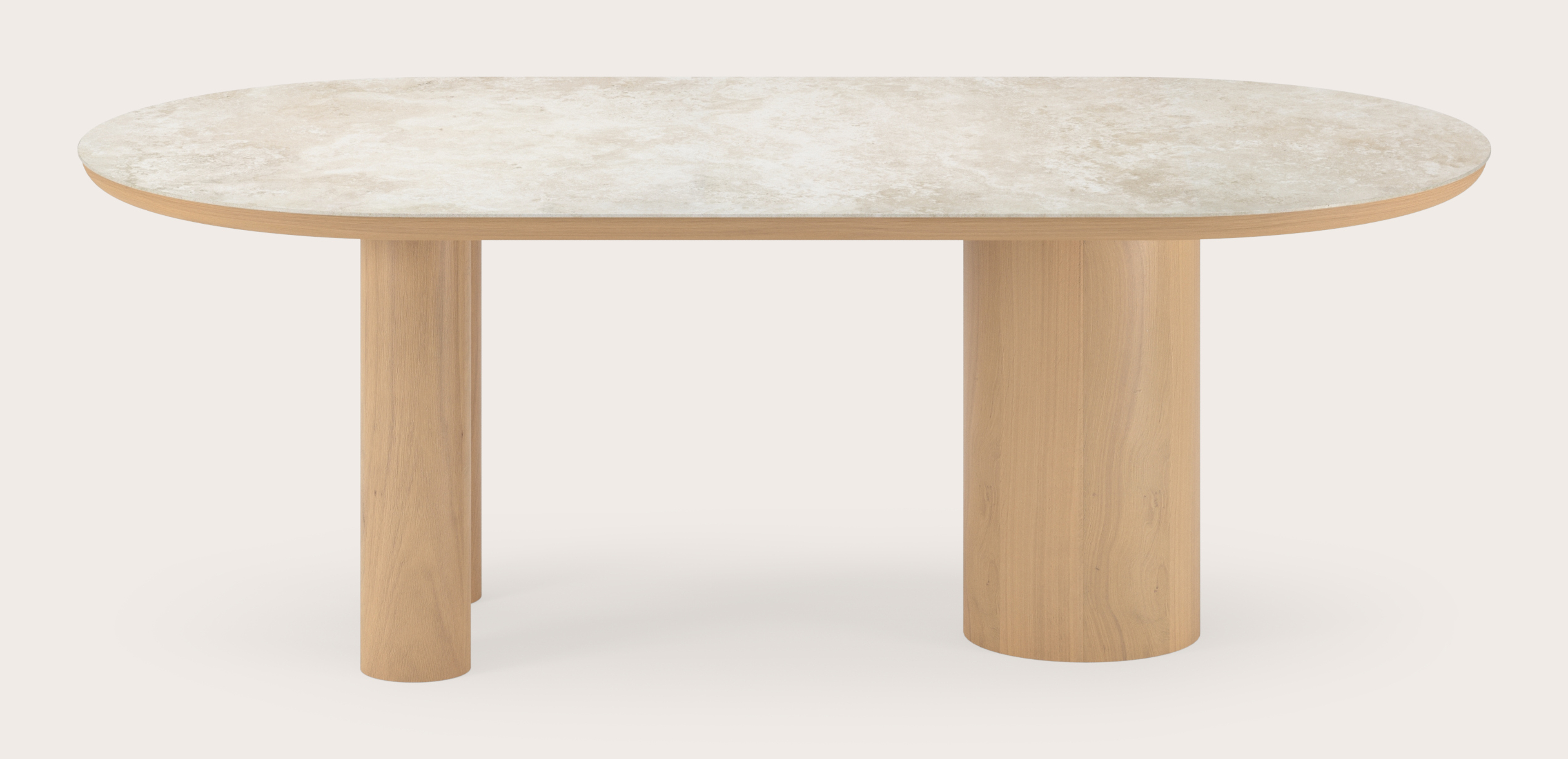 Eettafel Amato Rondo onderstel in natuurkleurige eik met plat ovaal volkeramisch Ceramo blad in kleur Rapolano 220 x 110 x 76 cm
