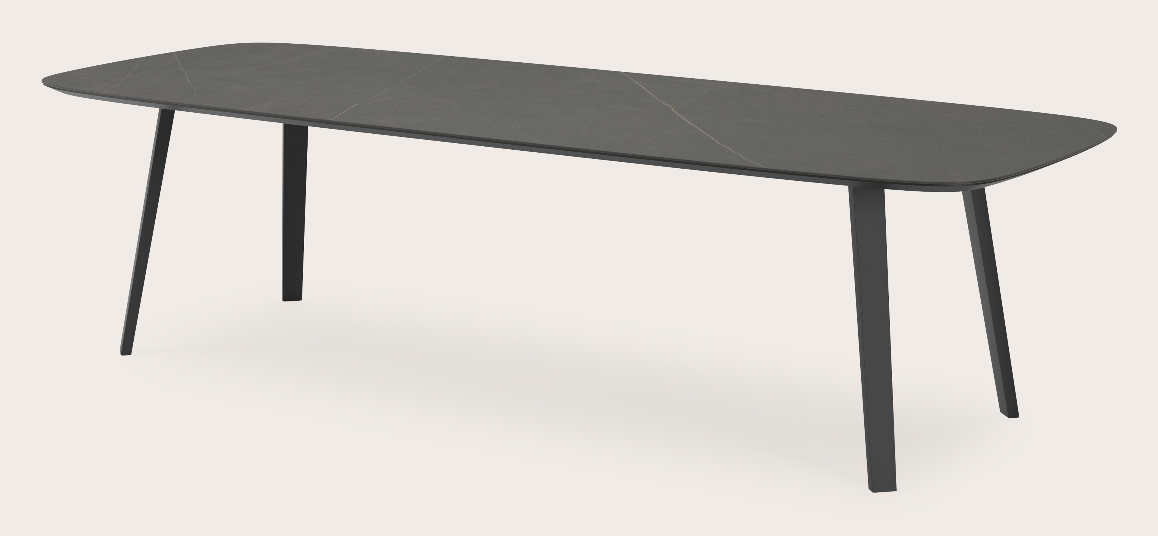 Table de salle à manger Clino armature en métal noir avec plateau Ceramo forme arrondi en céramique en couleur Calatorao 300 x 115 x 77 cm