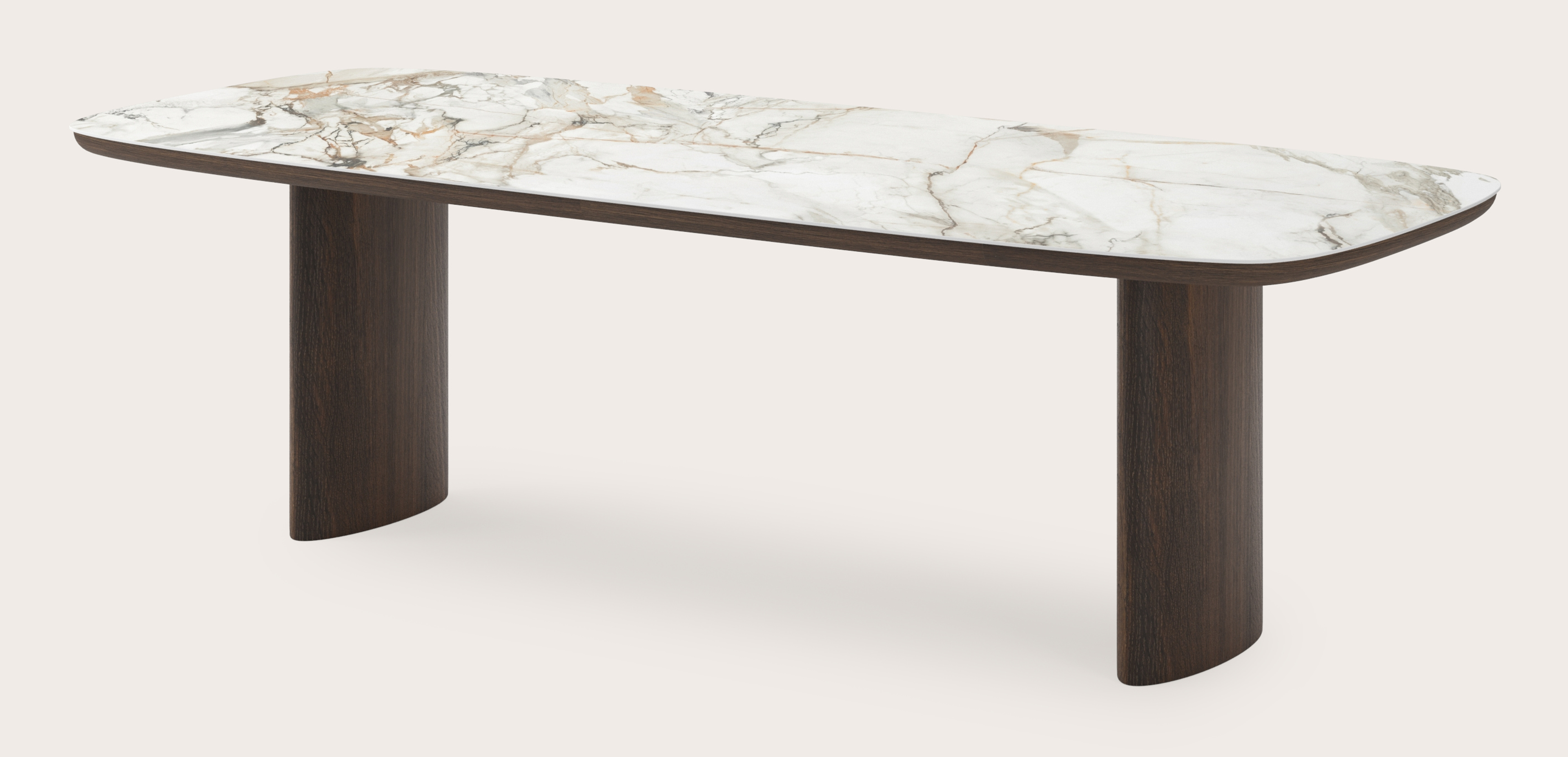 Eettafel Amato Ellipso onderstel in gerookte eik met bootvormig volkeramisch Ceramo blad in kleur Calacatta Luxe 260 x 110 x 76 cm