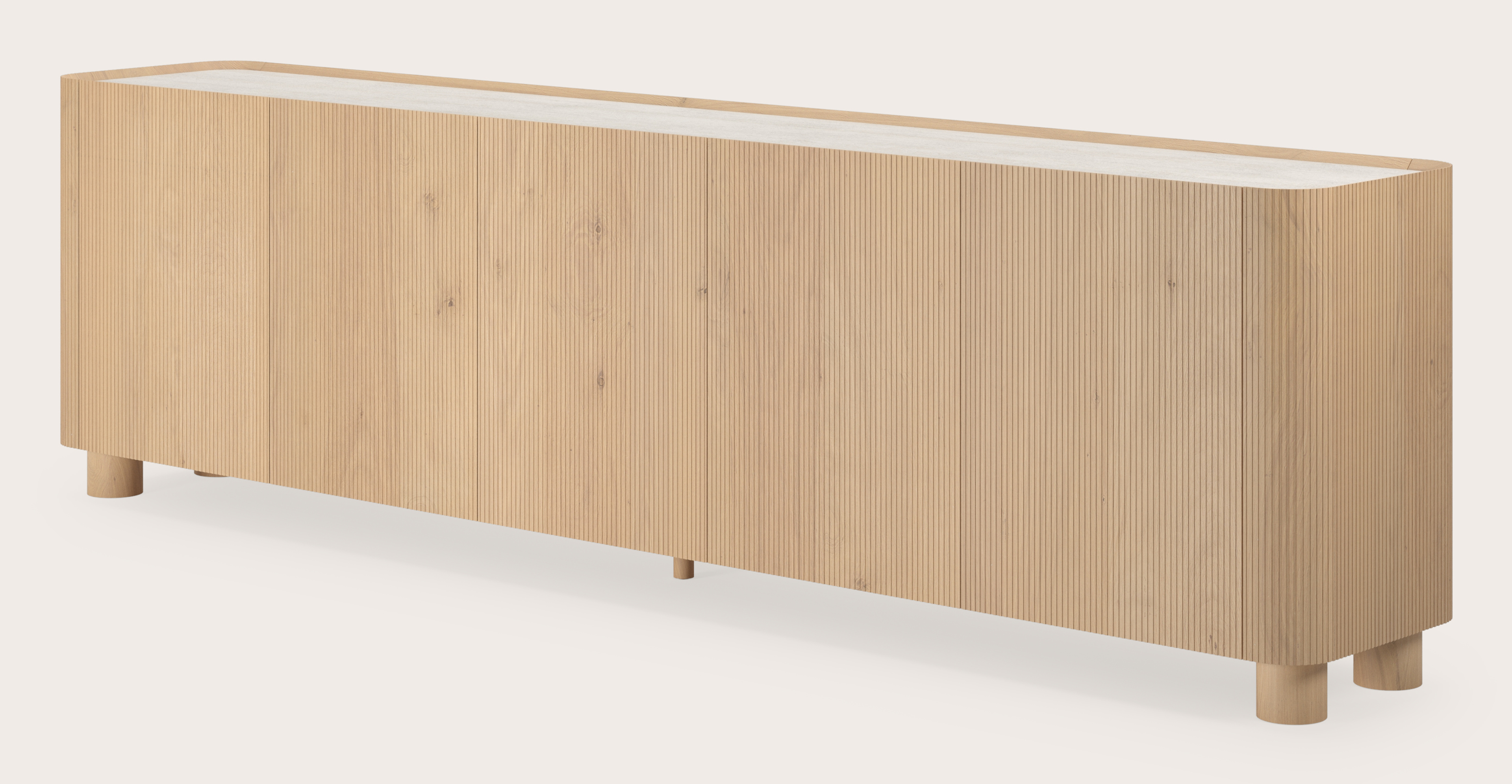 Grivato dressoir in natuurkleurige eik met ronde poten met volkeramisch Ceramo blad in kleur Travertino Bianco 269 x 45 cm